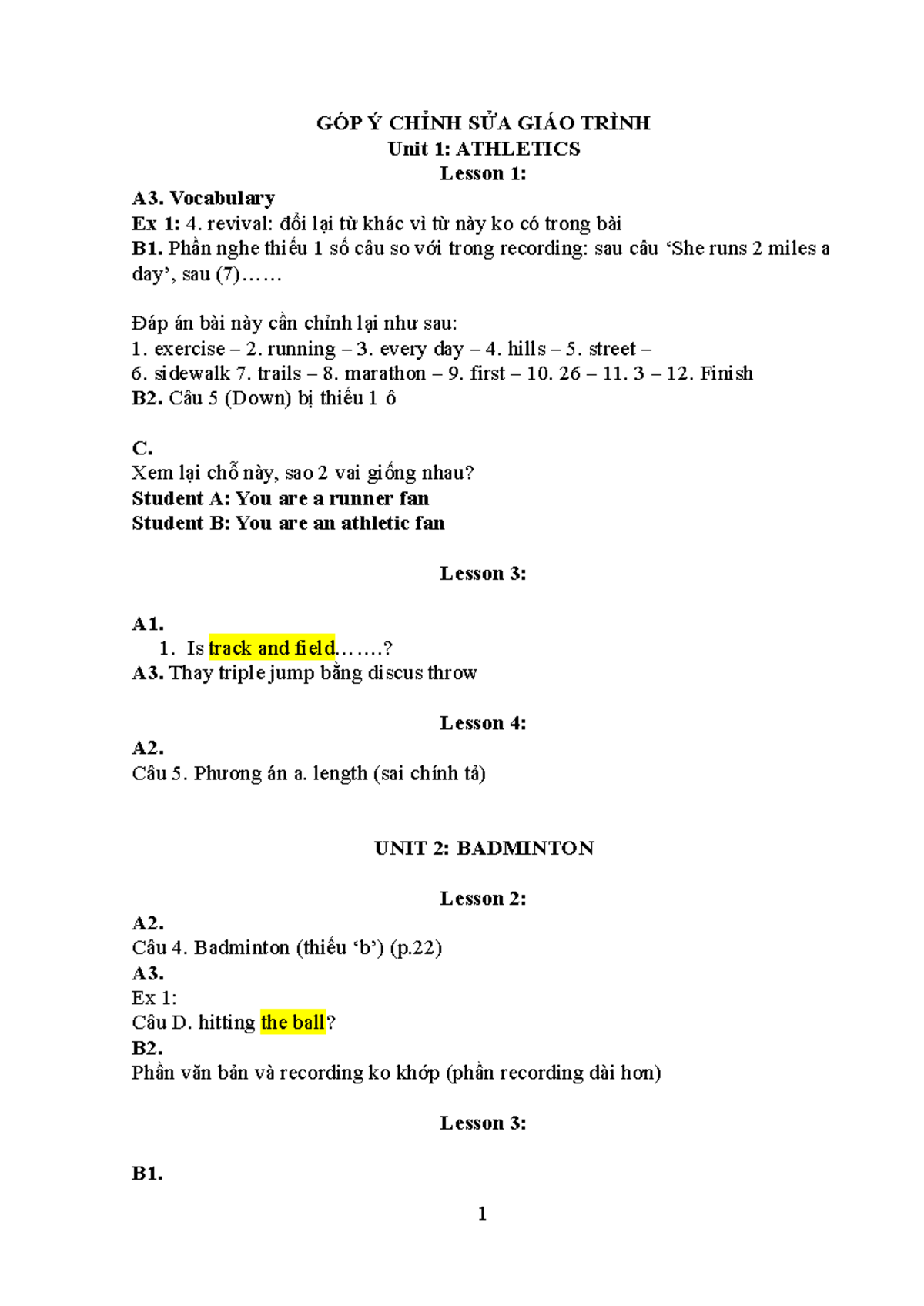 Góp Ý Chỉnh Sửa Giáo Trình - Unit 1 & 2 Athl & Badm (Course Code) - Studocu