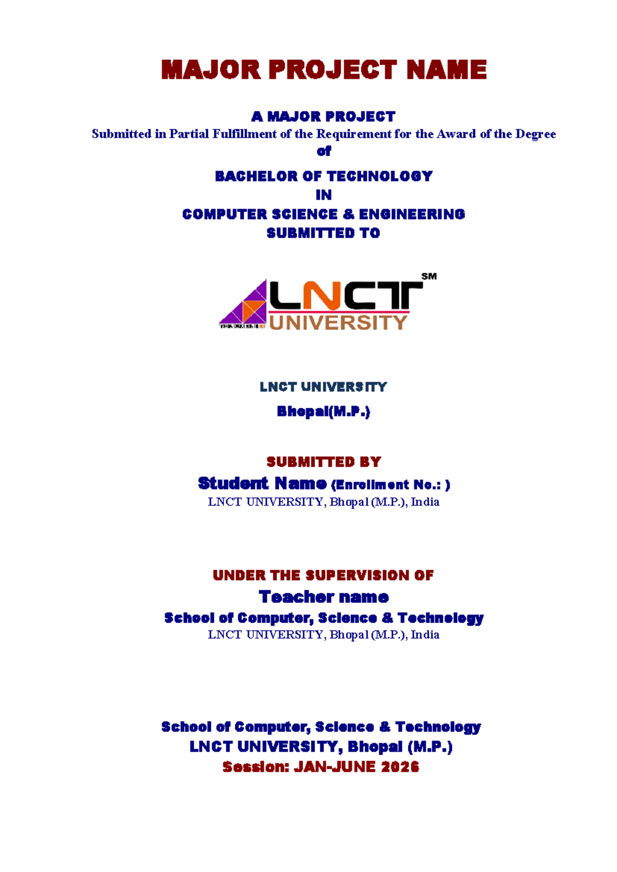 Cover page LNU - Na. - MAJOR PROJECT NAME A MAJOR PROJECT Submitted in ...