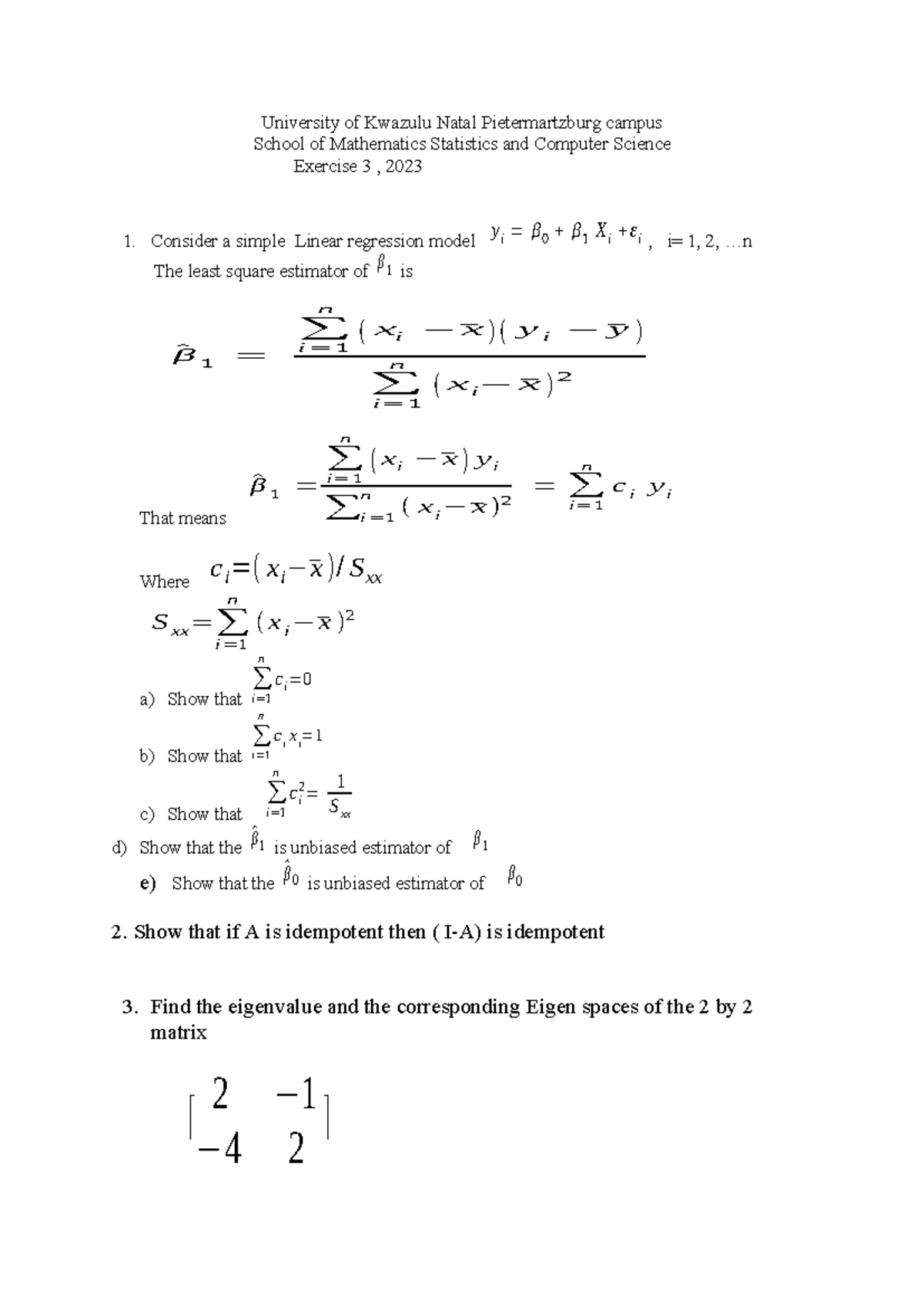 Exercise 3, 2023 - Linear Regression & Idempotent Matrices Notes - Studocu