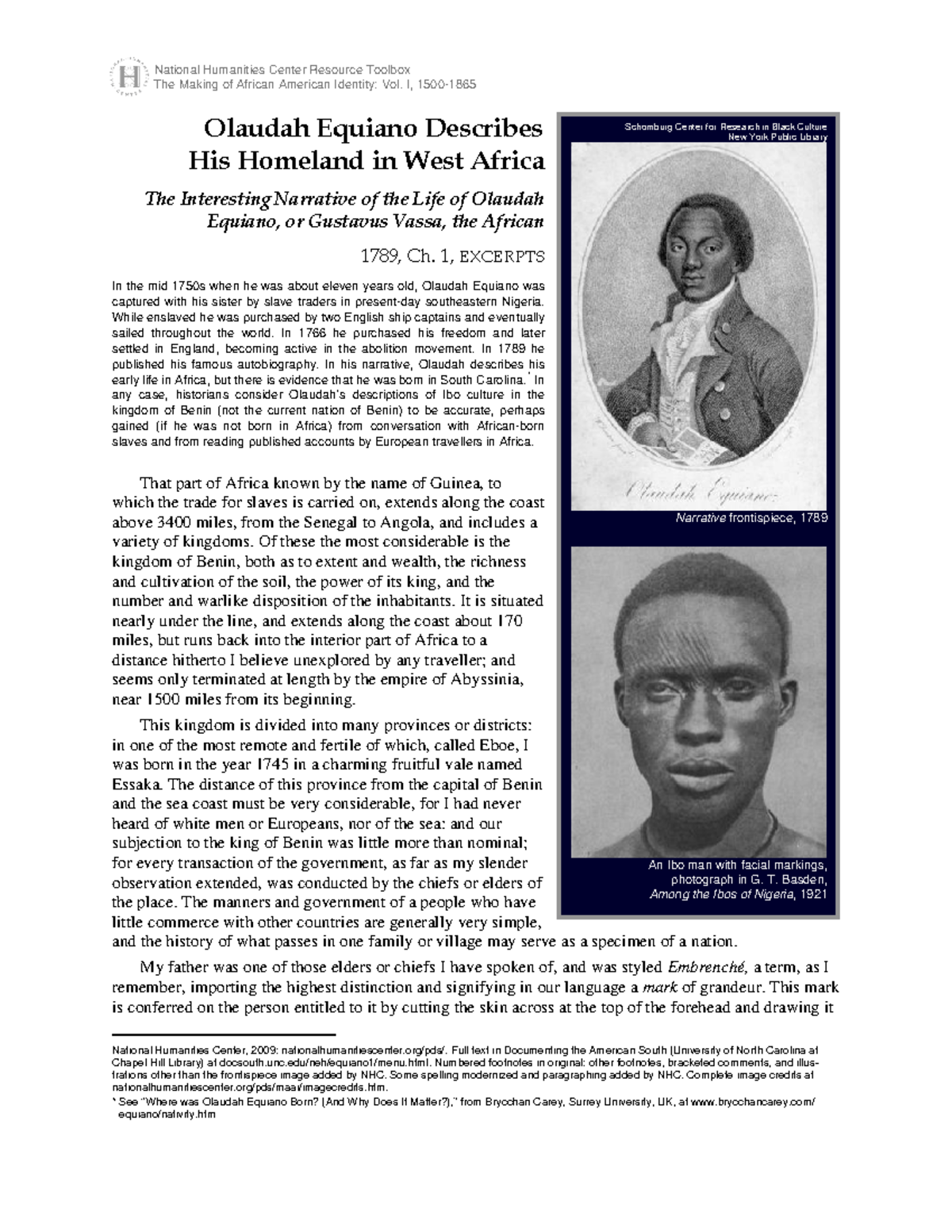 Olaudah Equiano's Narrative: Excerpts on West African Life and Culture ...