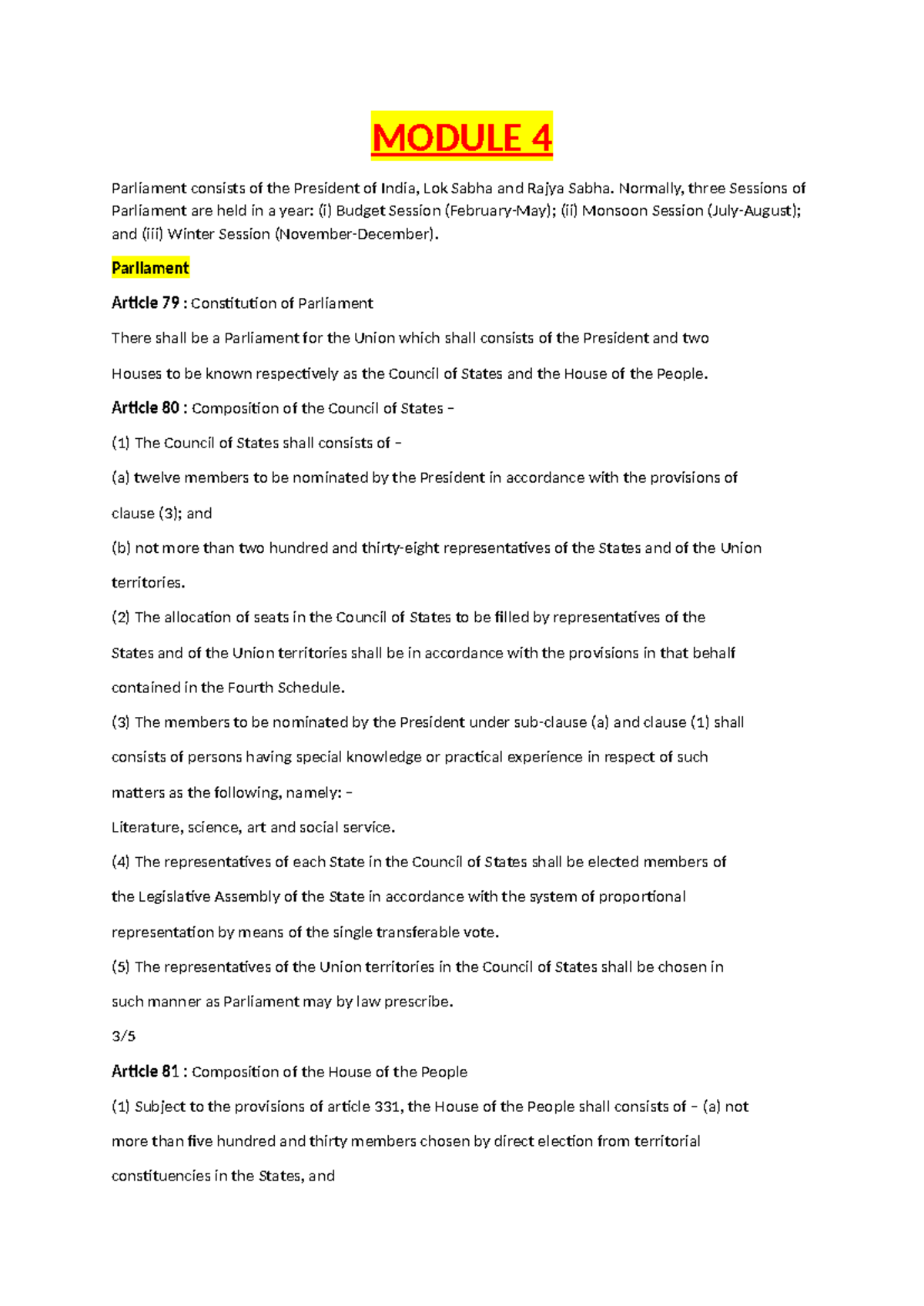 IC Module 4 - Notes on the Structure and Function of Parliament - Studocu