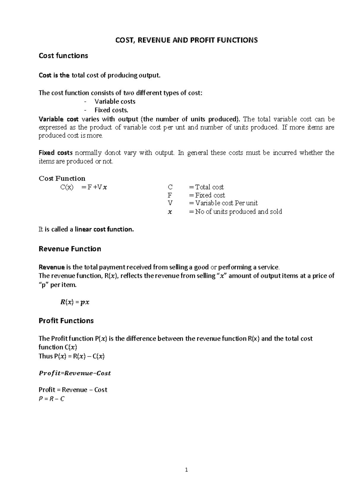 Cost Revenue and Profit Functions - Introduction to Microeconomics ...