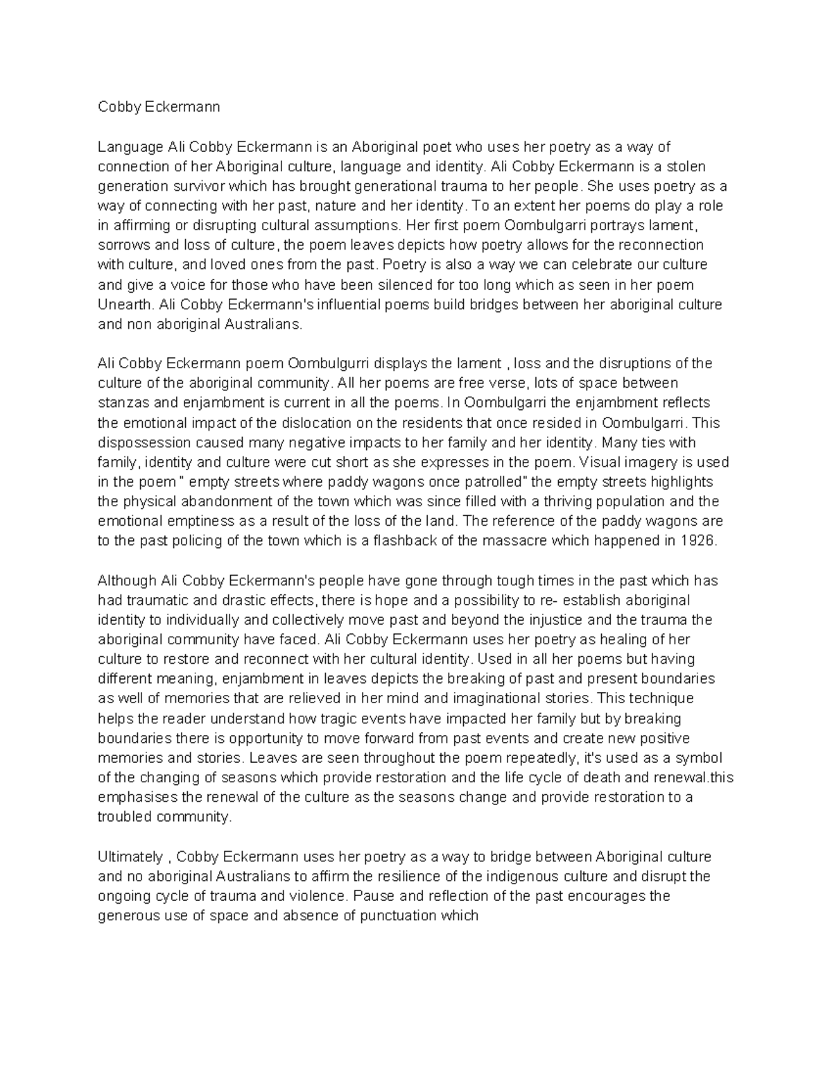 ENG 202 Essay: The Poetry of Ali Cobby Eckermann and Cultural Healing ...