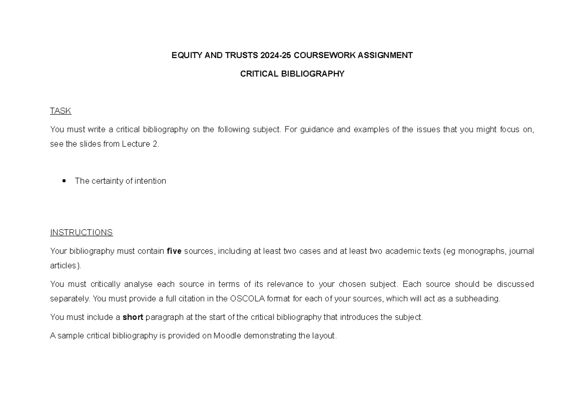 Equity and Trusts 2024-25 Critical Bibliography Assignment - Studocu