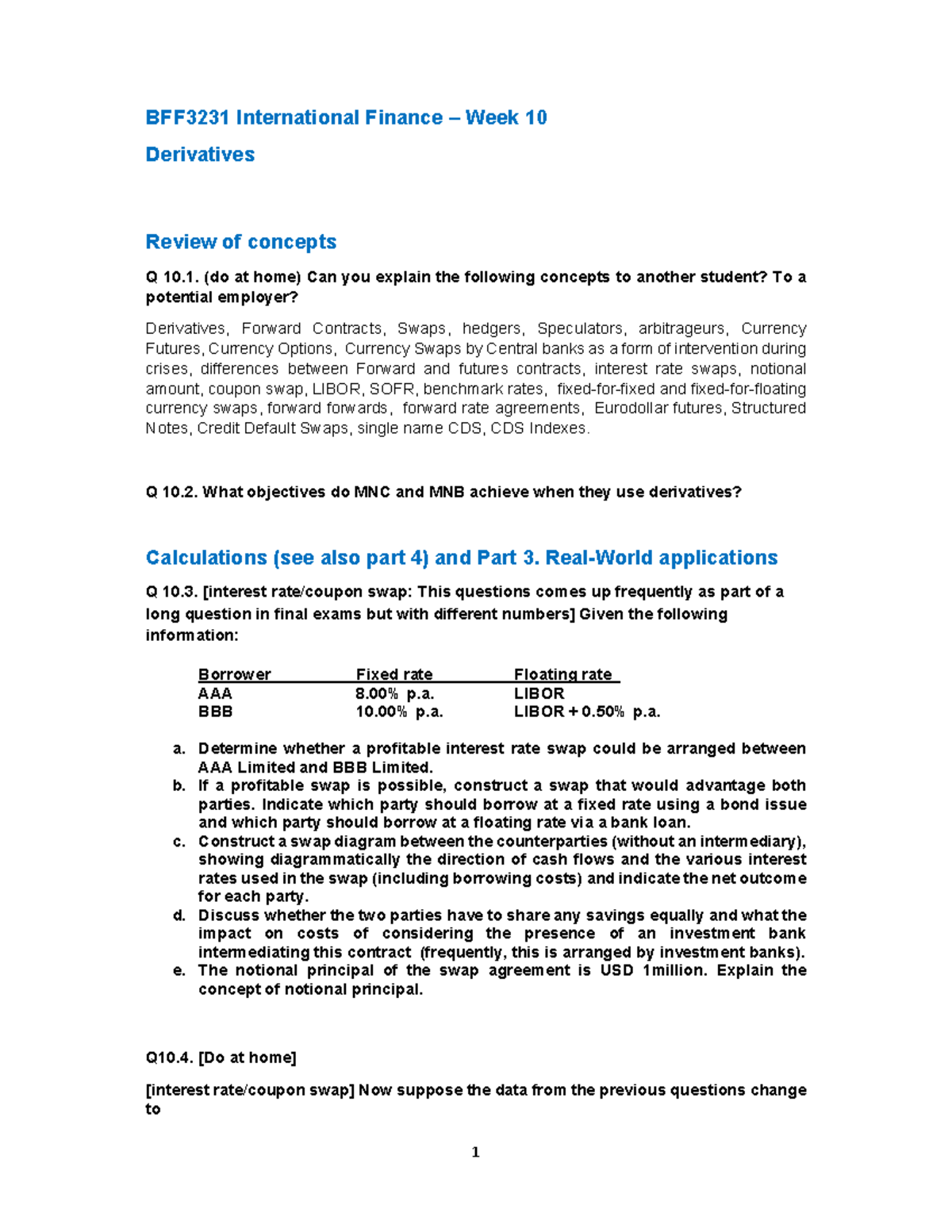 BFF3231 International Finance Homework 10 - Derivatives Concepts Review ...