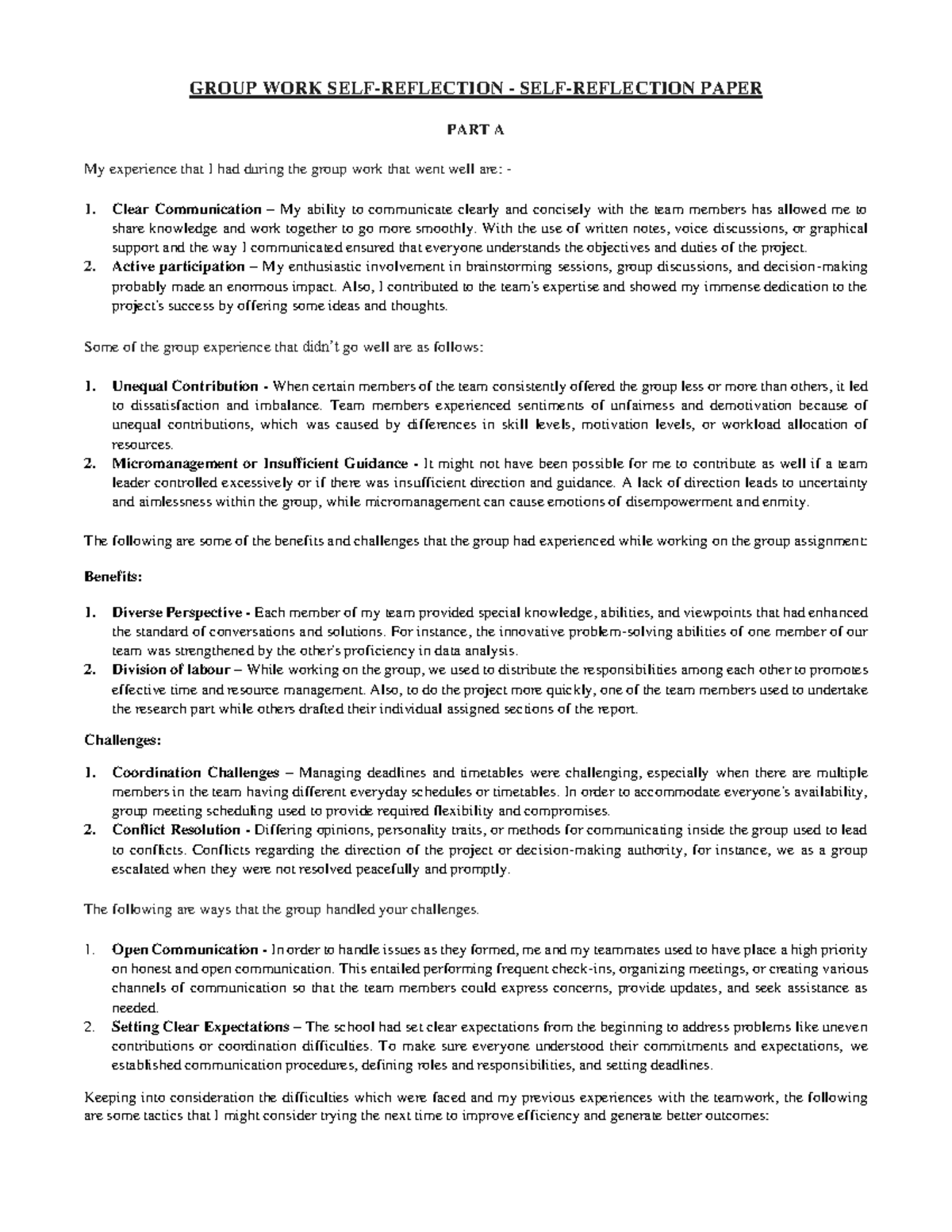 Group work self-reflection - Self-reflection paper - GROUP WORK SELF ...