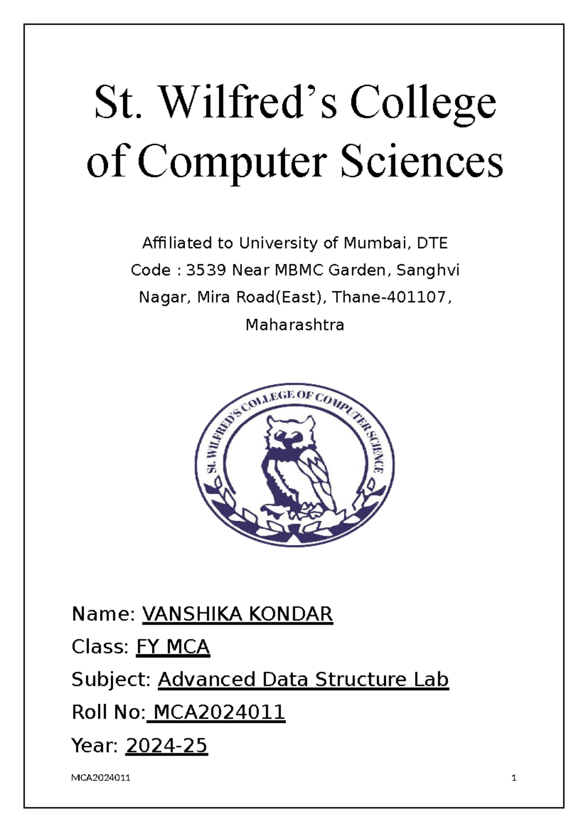 Advanced Data Structure Lab (MCA2024011) Practical Guide - Studocu