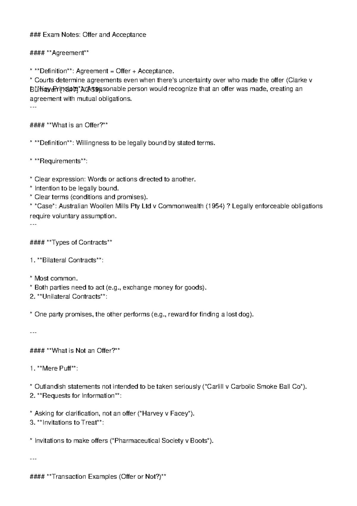 Exam Notes: Offer and Acceptance Agreement (ACA59) Overview - Studocu