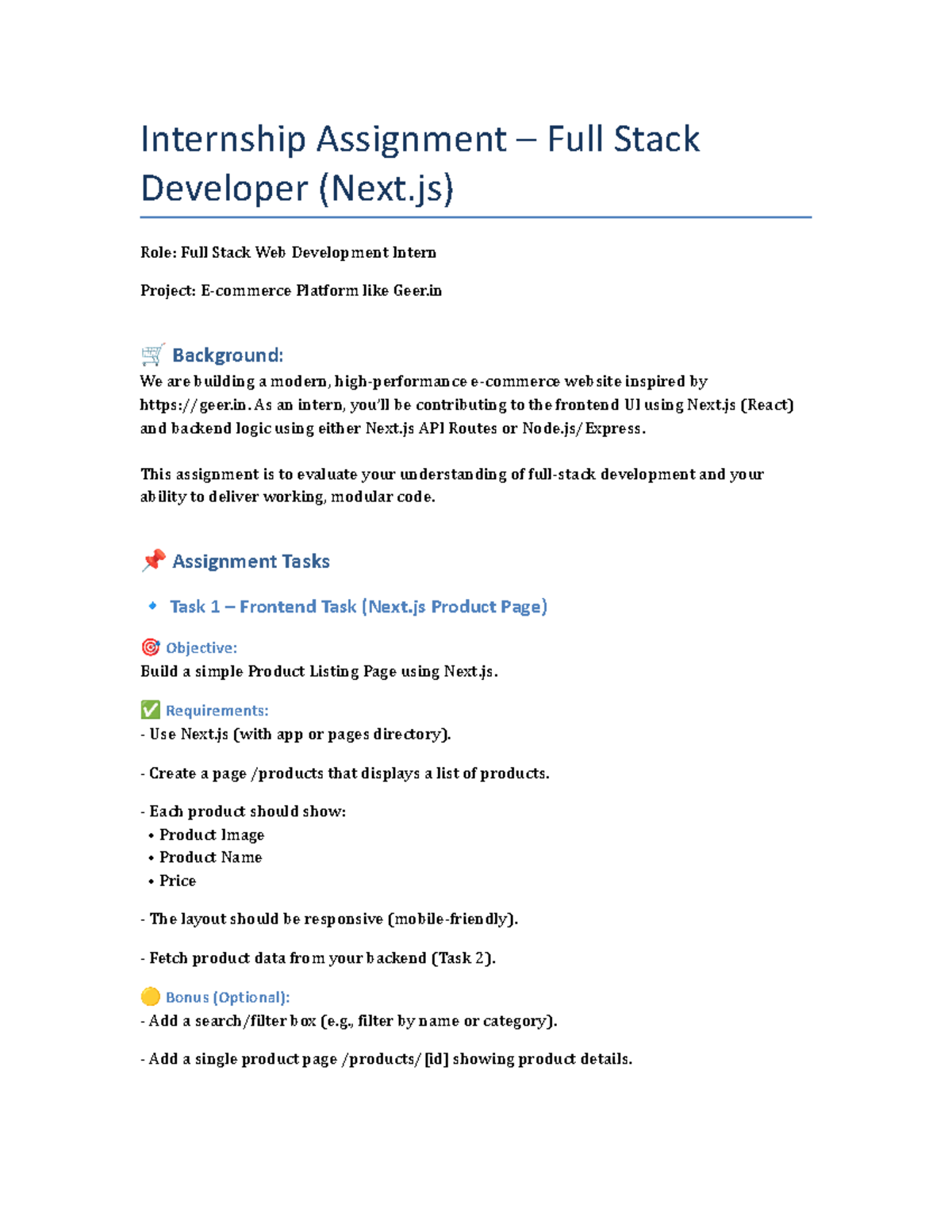 Next.js Internship Assignment: Full Stack Developer Tasks - Studocu