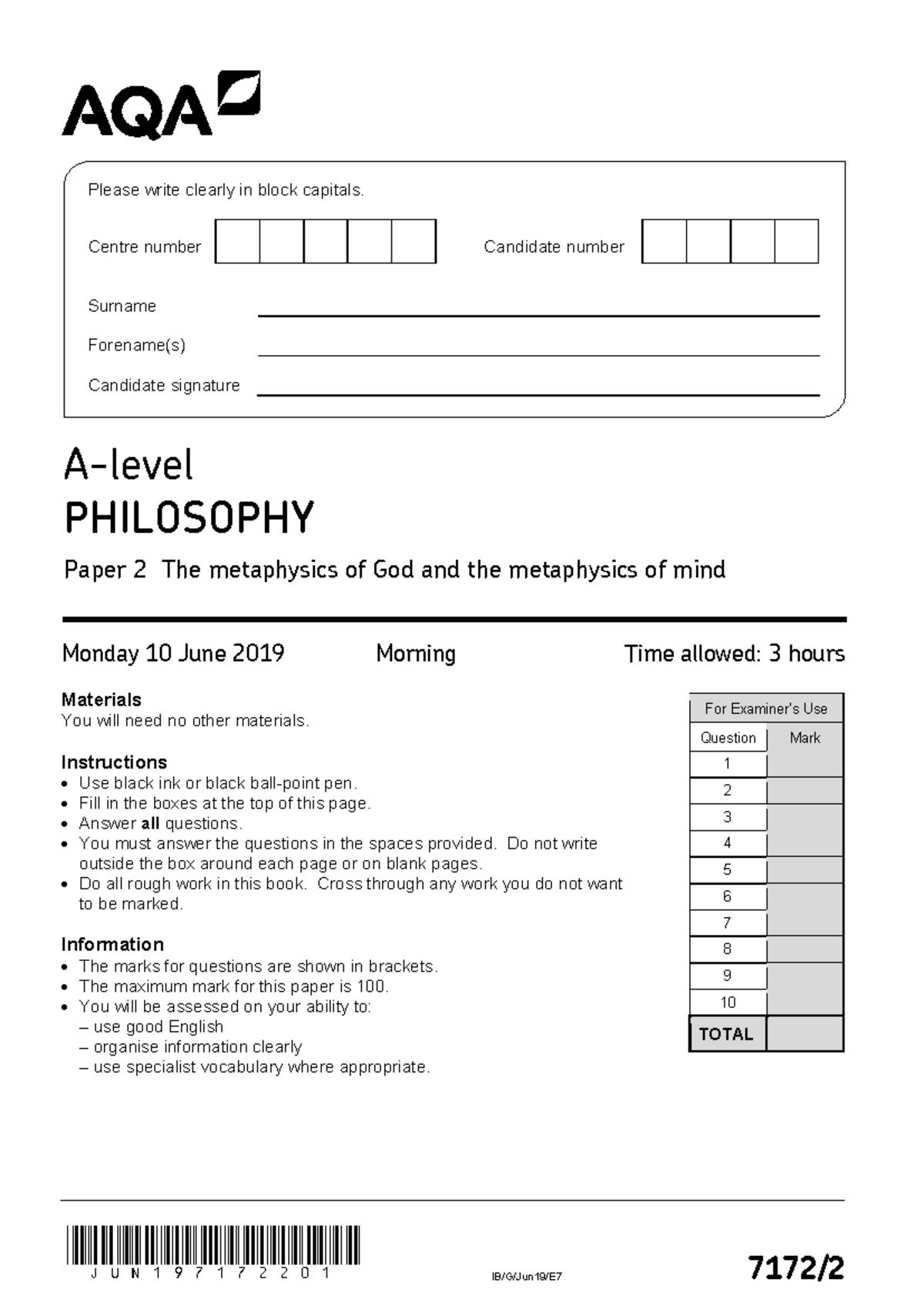 AQA-71722-QP Jun19 - A Level Philosophy Paper 2 Exam Questions - Studocu