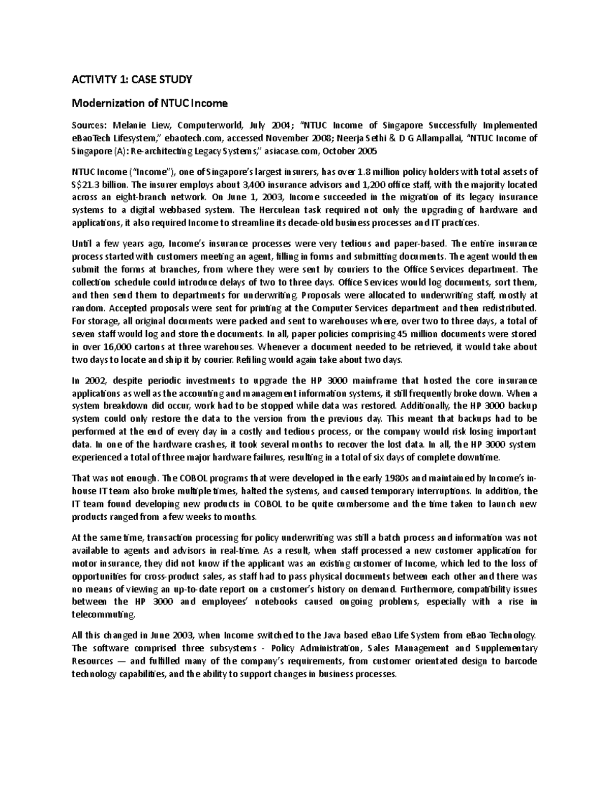 Activity 1 - Case Study Notes on NTUC Income's Digital Transformation ...