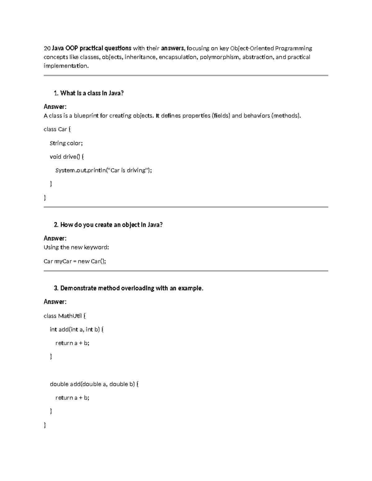 OOP JAVA practical questions and answers on key programming concepts ...