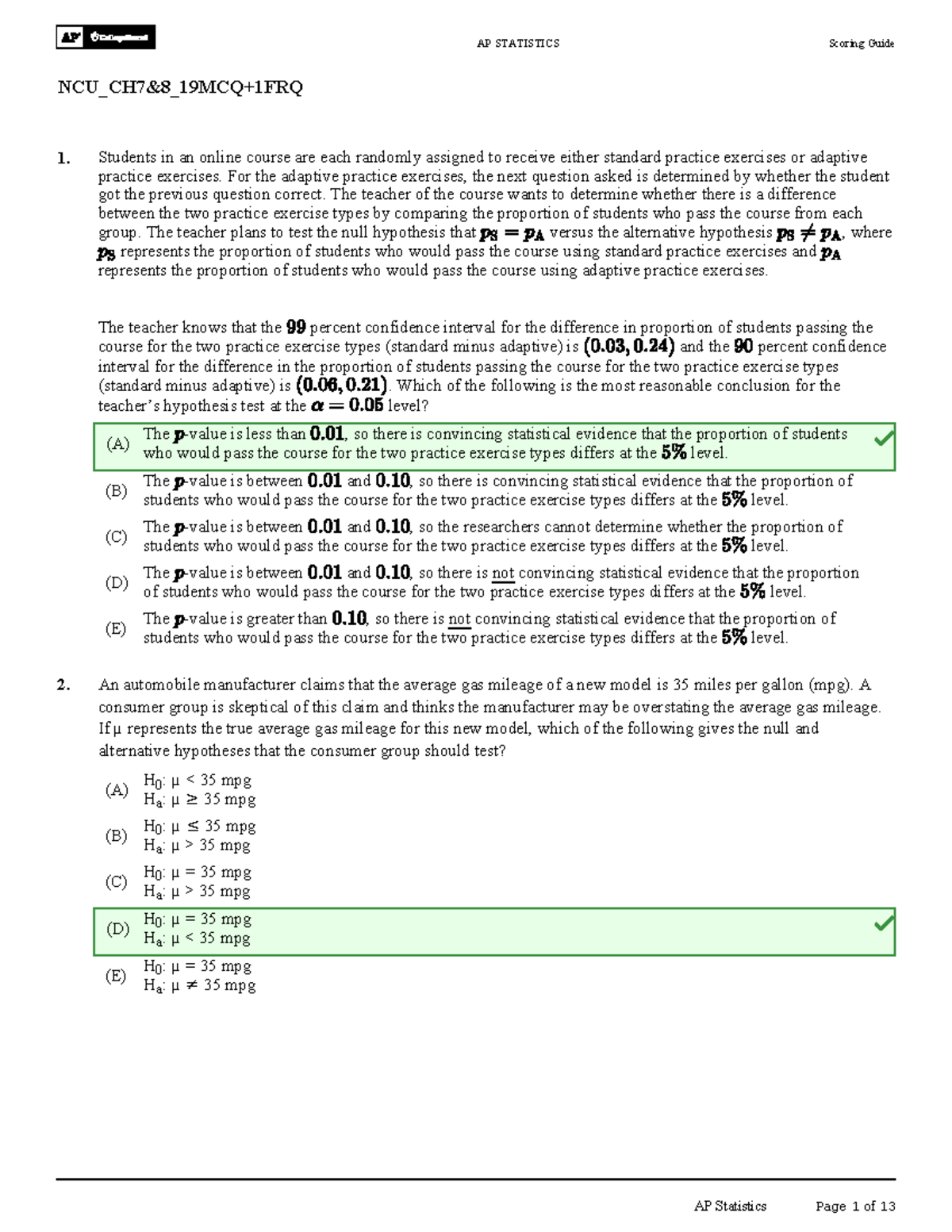 NCU_CH7&8_19MCQ+1FRQ Answer Key for AP Statistics Exam - Studocu