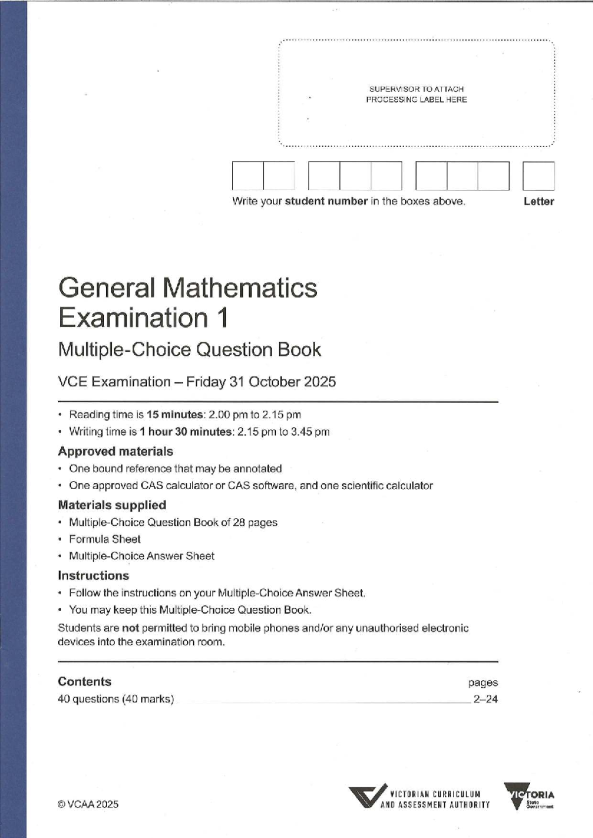 2025 VCE General Mathematics Exam 1 Question Book - Studocu