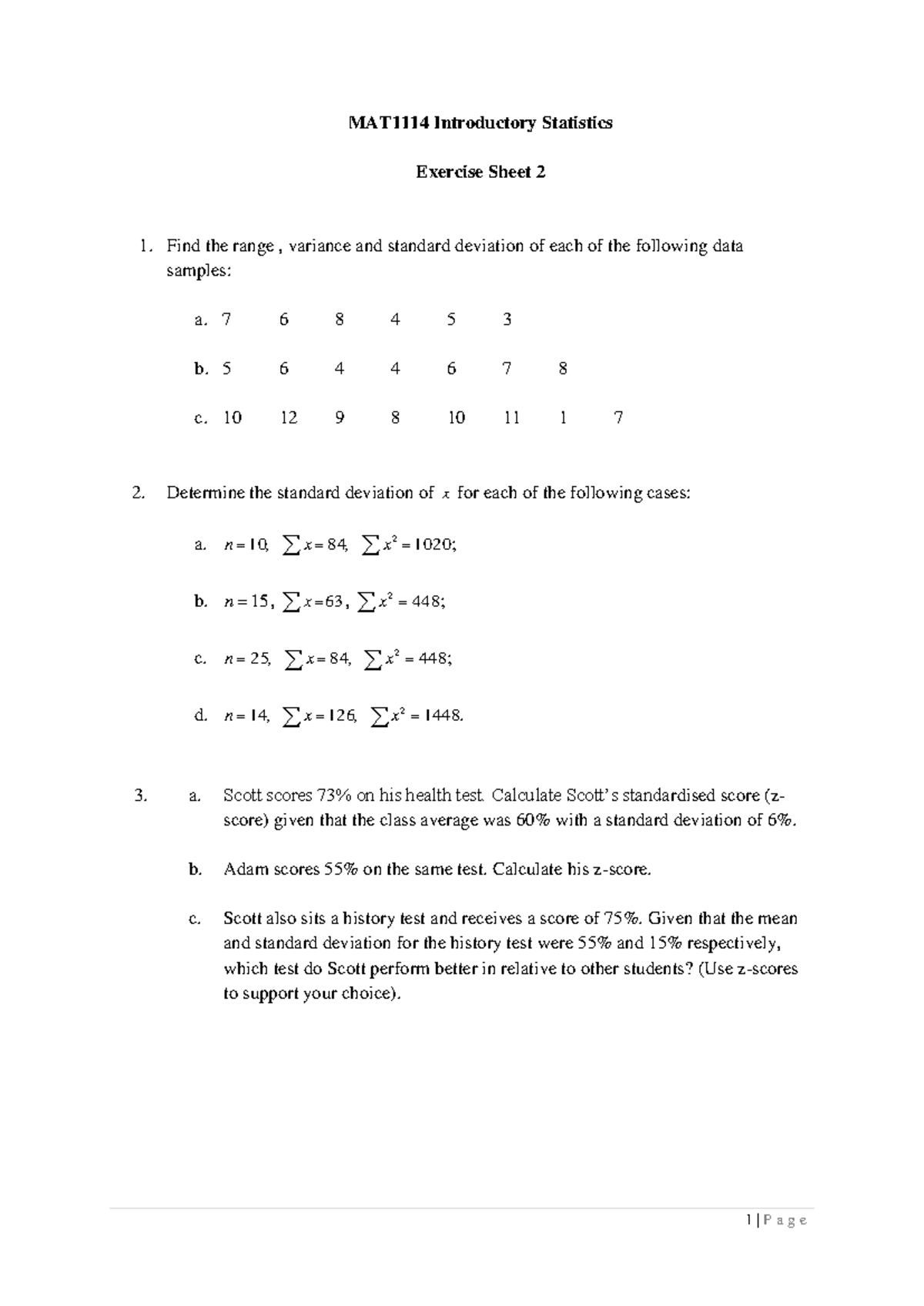 Introductory Statistics Exercise Sheet 2: Range, Variance & Standard ...