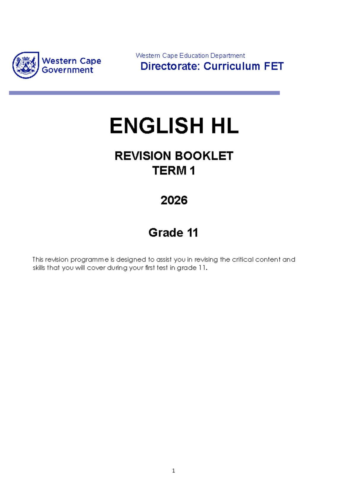 Grade 11 English HL Revision Booklet: Term 1 2026 Guide - Studocu