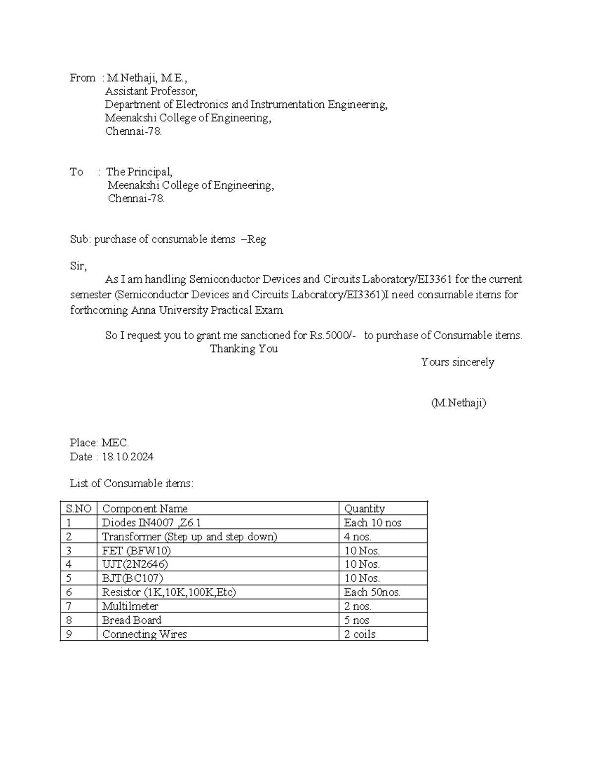 Consumable Items Request for Anna University Practical Exams 2024 - Studocu