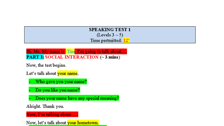 SPEAKING TEST 1 (Levels 3 & 5) - Social Interaction & Topic Development ...
