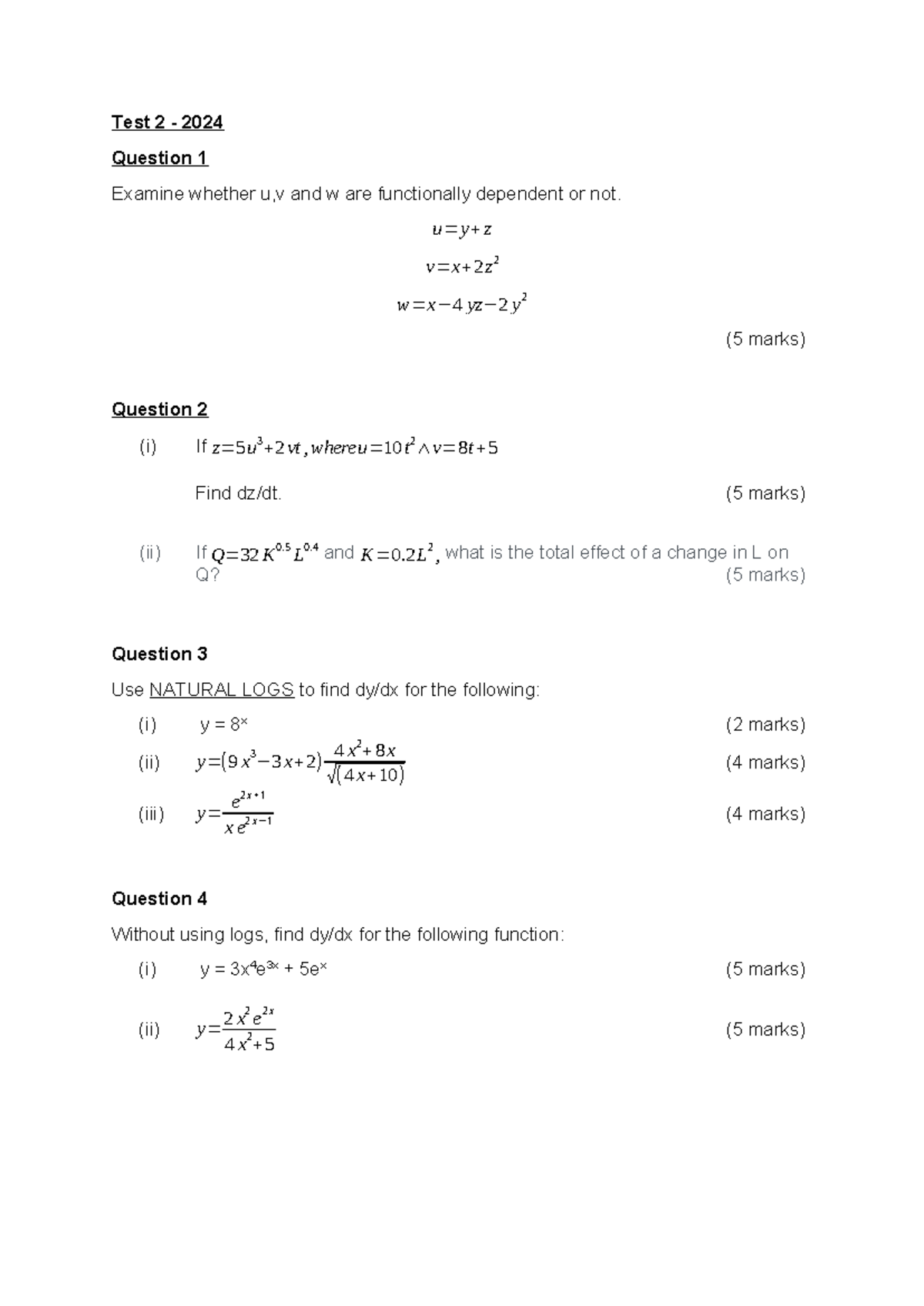 Test 2 2024 - Functional Dependency and Calculus Questions - Studocu