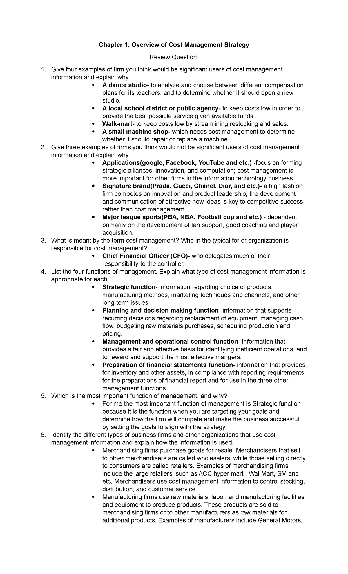 Chapter 1 Review questions - Chapter 1: Overview of Cost Management ...
