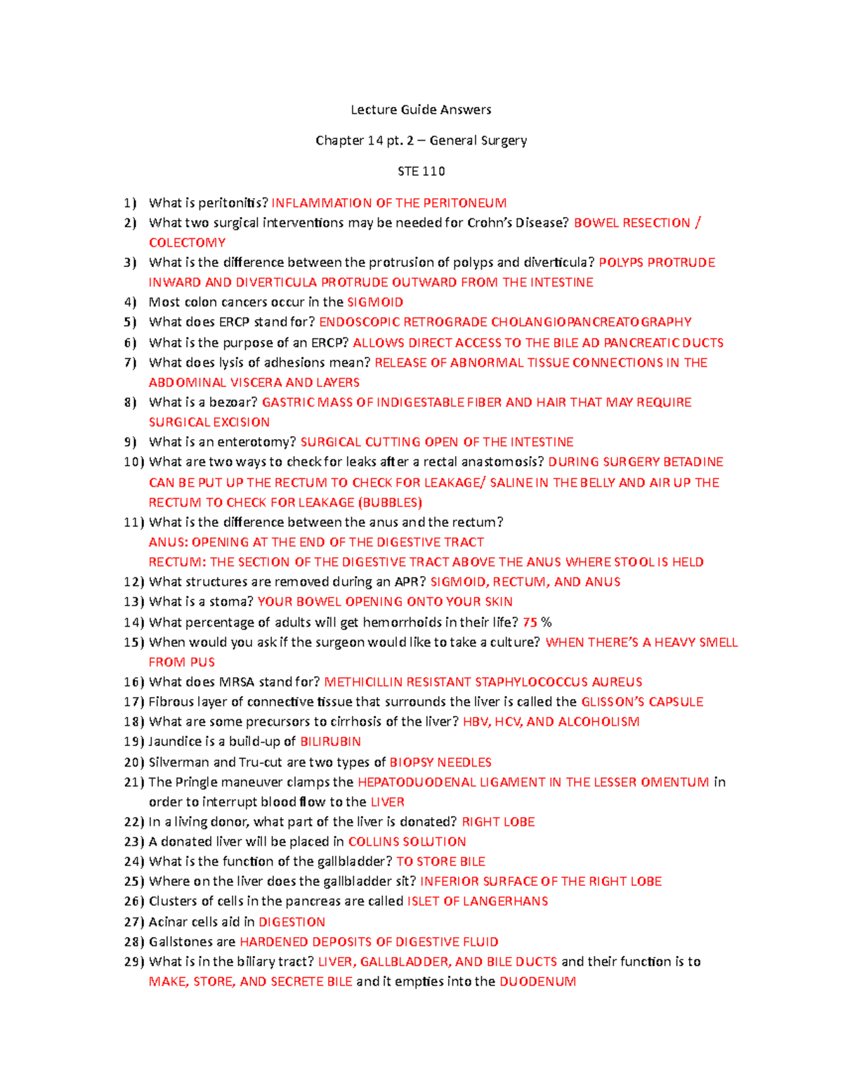 Chapter 14 Lecture Guide Part 2: General Surgery Answers - STE 110 ...