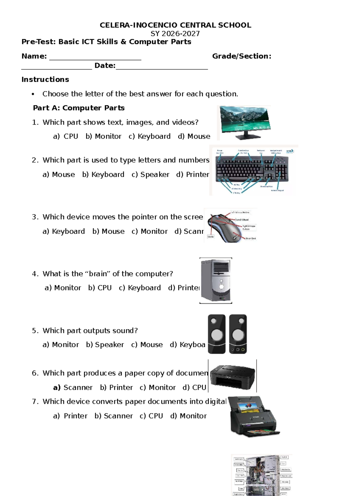 Pre ICT Basics - SY Basic ICT Skills Computer Parts Quiz - Studocu