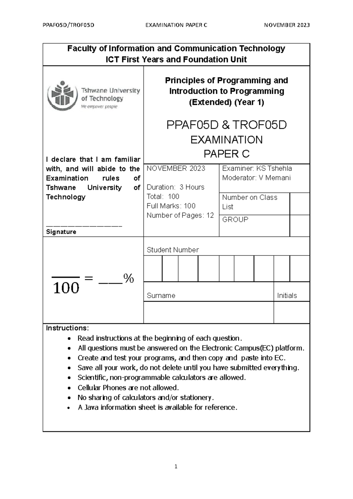 EXAM C 2023 - .Programming - Faculty of Information and Communication ...
