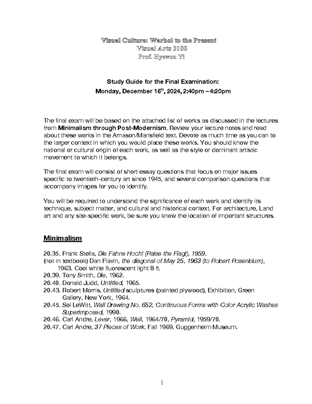 Final Exam Study Guide: Art from Minimalism to Present (ART101) - Study ...