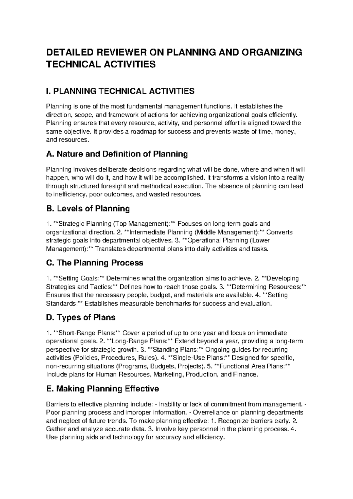 Detailed Reviewer: Planning & Organizing Technical Activities - Studocu