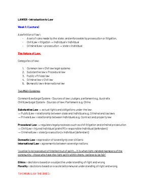 LAW101 Introduction to Law: Week 1-10 Lecture Notes Overview - Studocu