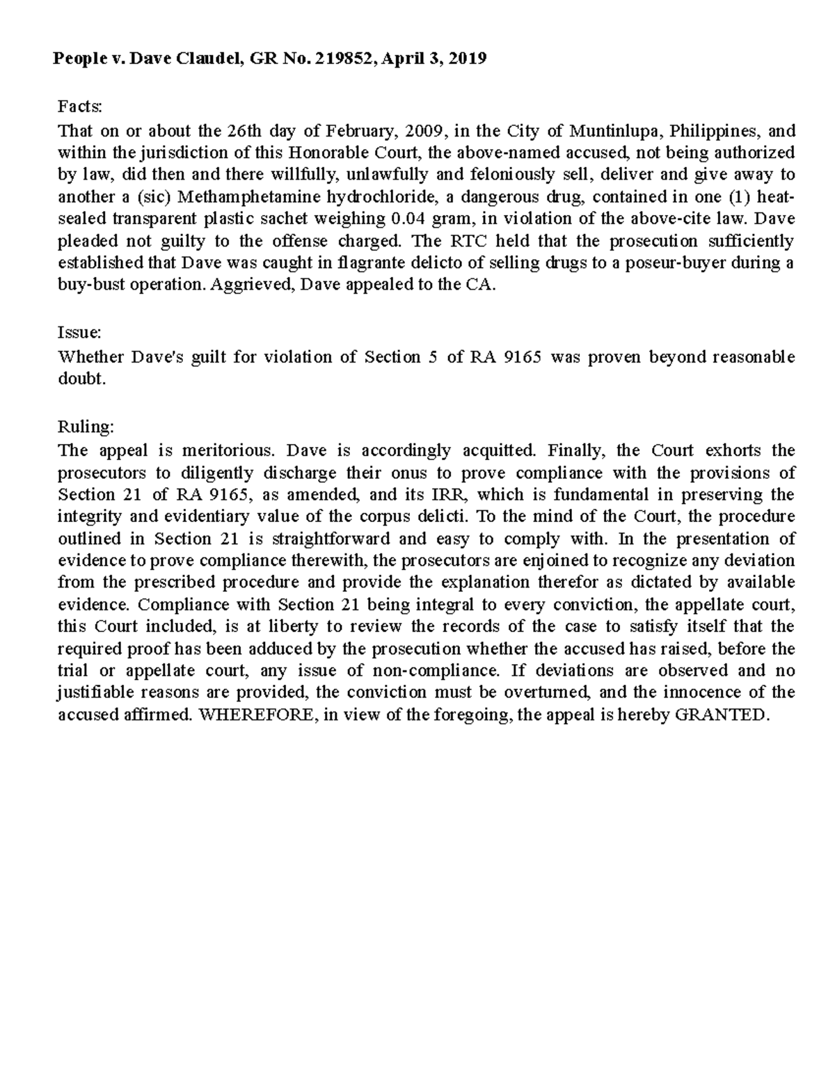 CASE SYNTHESIS LEGAL WRTING - People v. Dave Claudel, GR No. 219852 ...