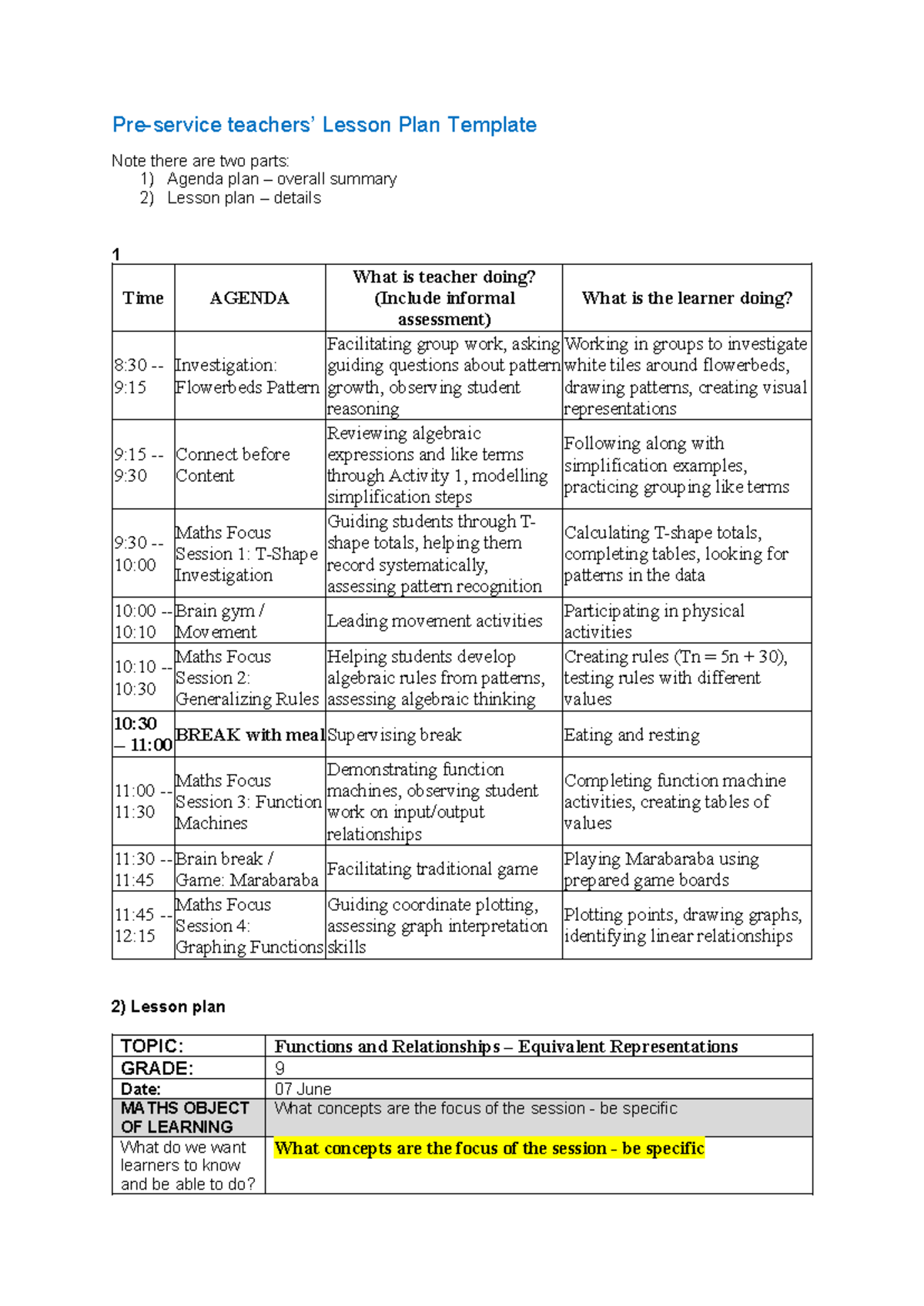 MATHS 9 Lesson Plan: Functions & Relationships Overview - Studocu