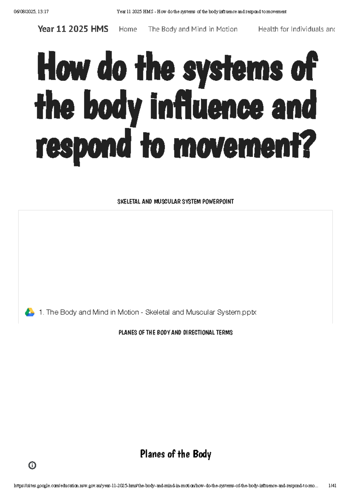 Year 11 2025 HMS - Body Systems and Their Response to Movement - Studocu