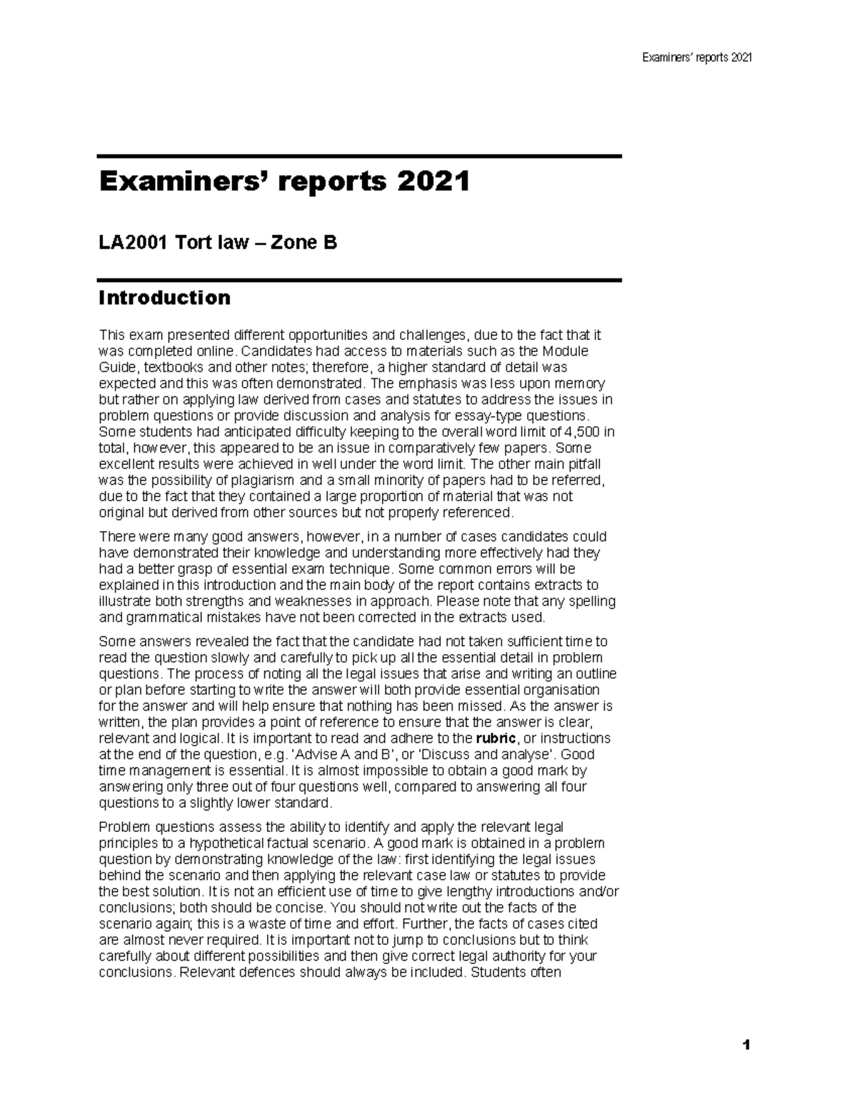 LA2001 Tort Law Exam Report 2023 - Zone B Evaluation and Insights - Studocu