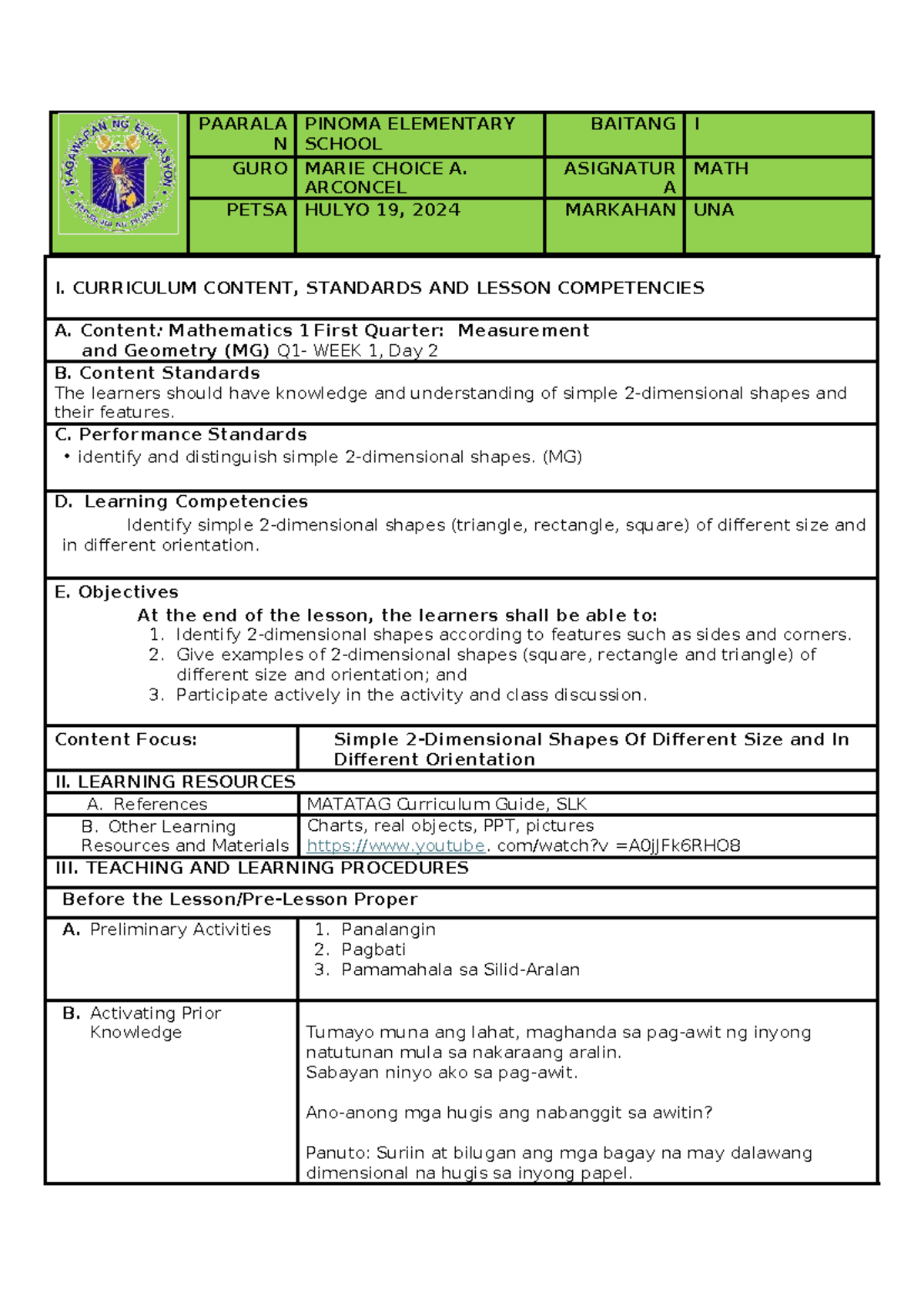 Detailed Lesson Plan in Math 1: 2D Shapes for Grade 1 - Studocu