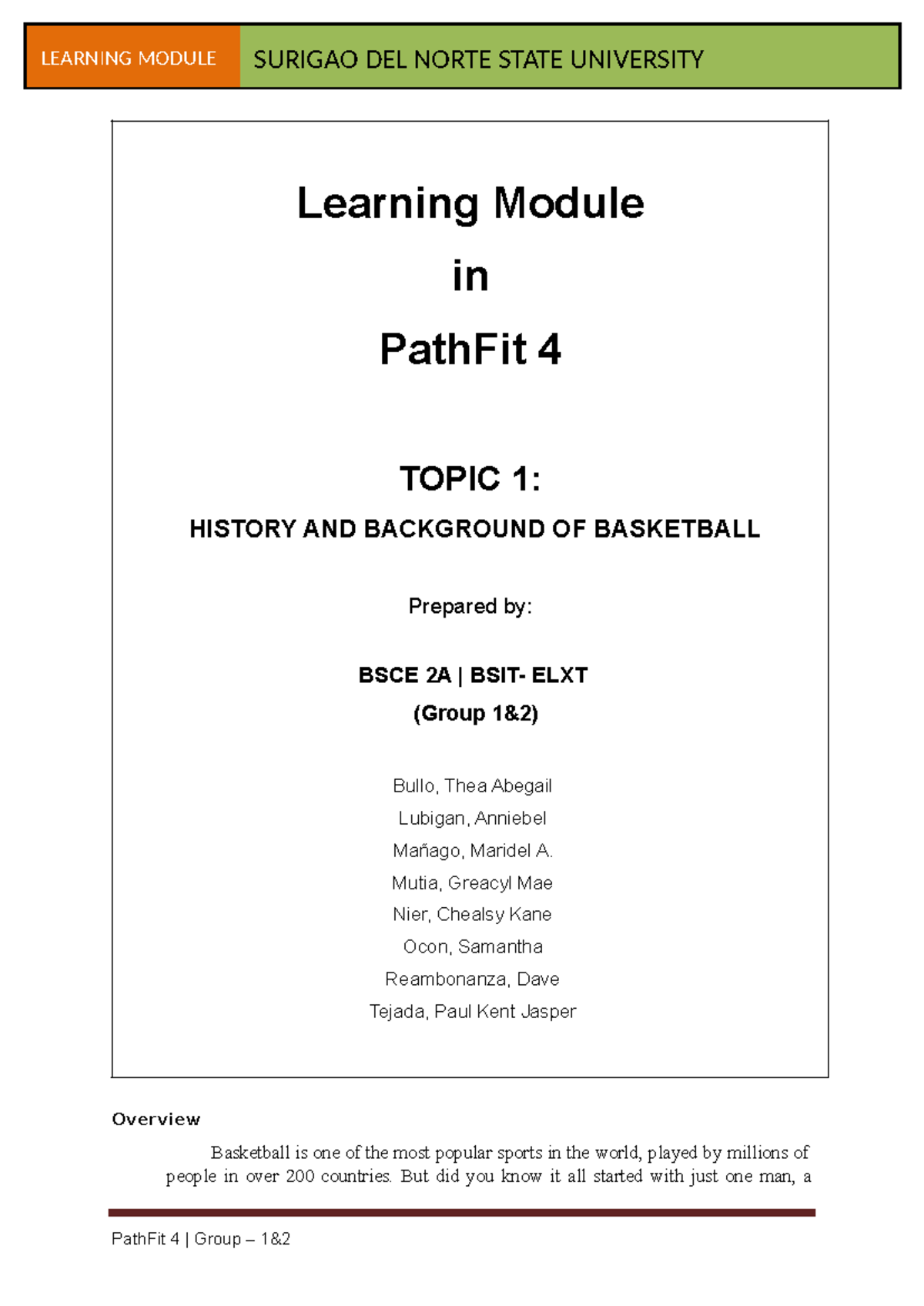 PathFit 4 Learning Module: History & Equipment of Basketball - Studocu