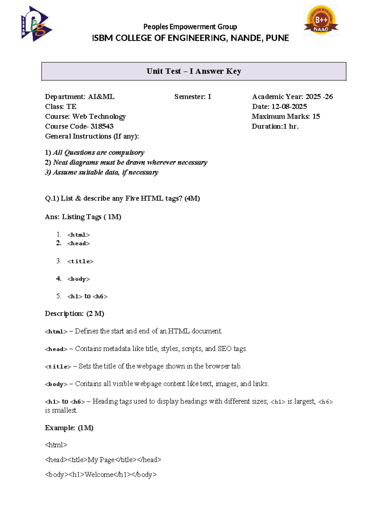 Web Technology Course 318543 Unit Test I Answer Key - Studocu