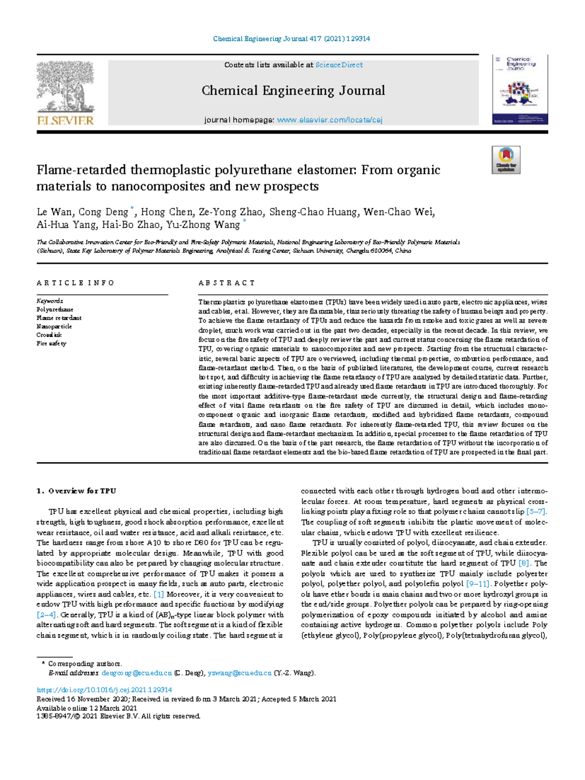 Flame Retardancy of Thermoplastic Polyurethane Elastomers: A Review (J ...