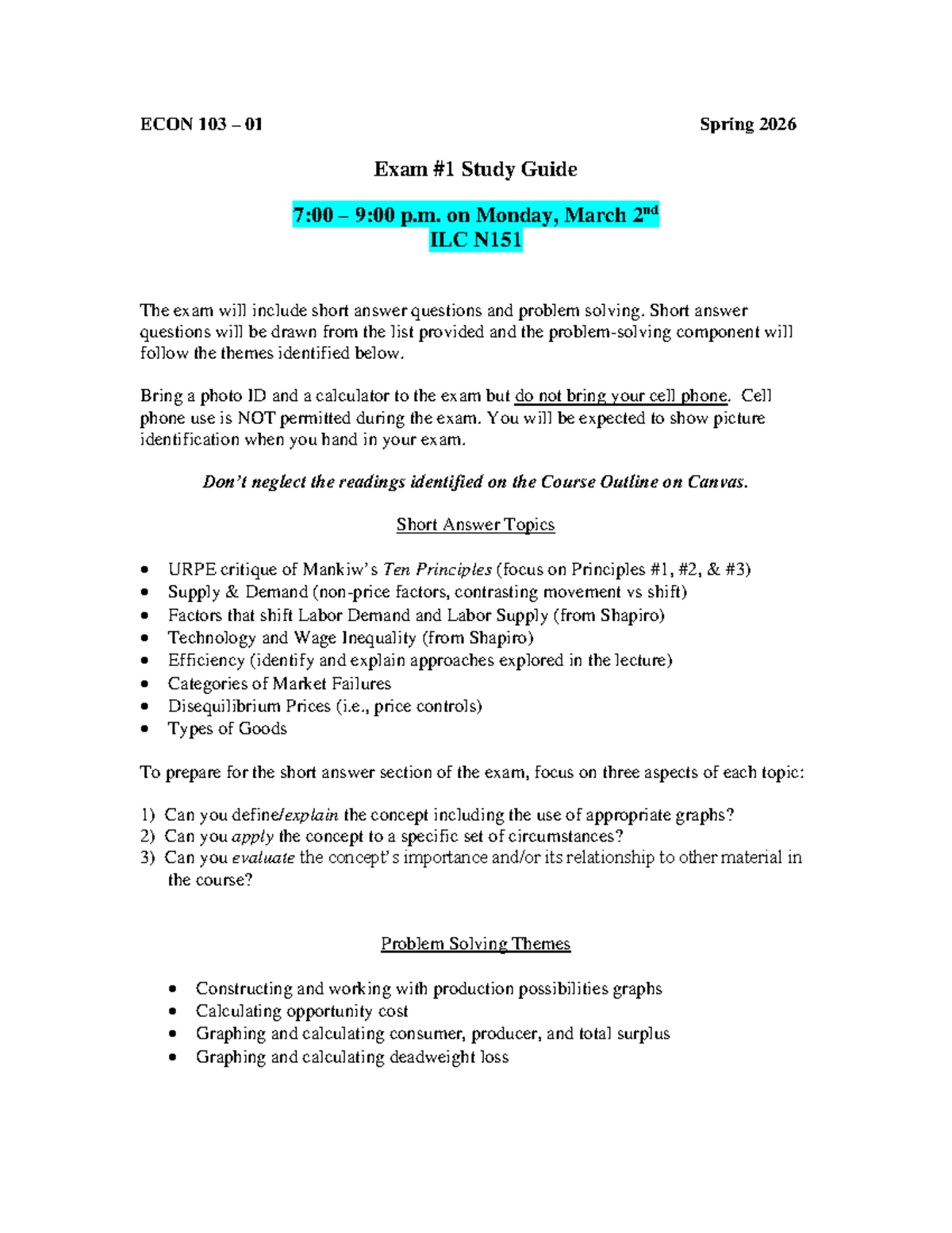 ECON 103 01 Spring 2026 Final Exam Study Guide - Studocu