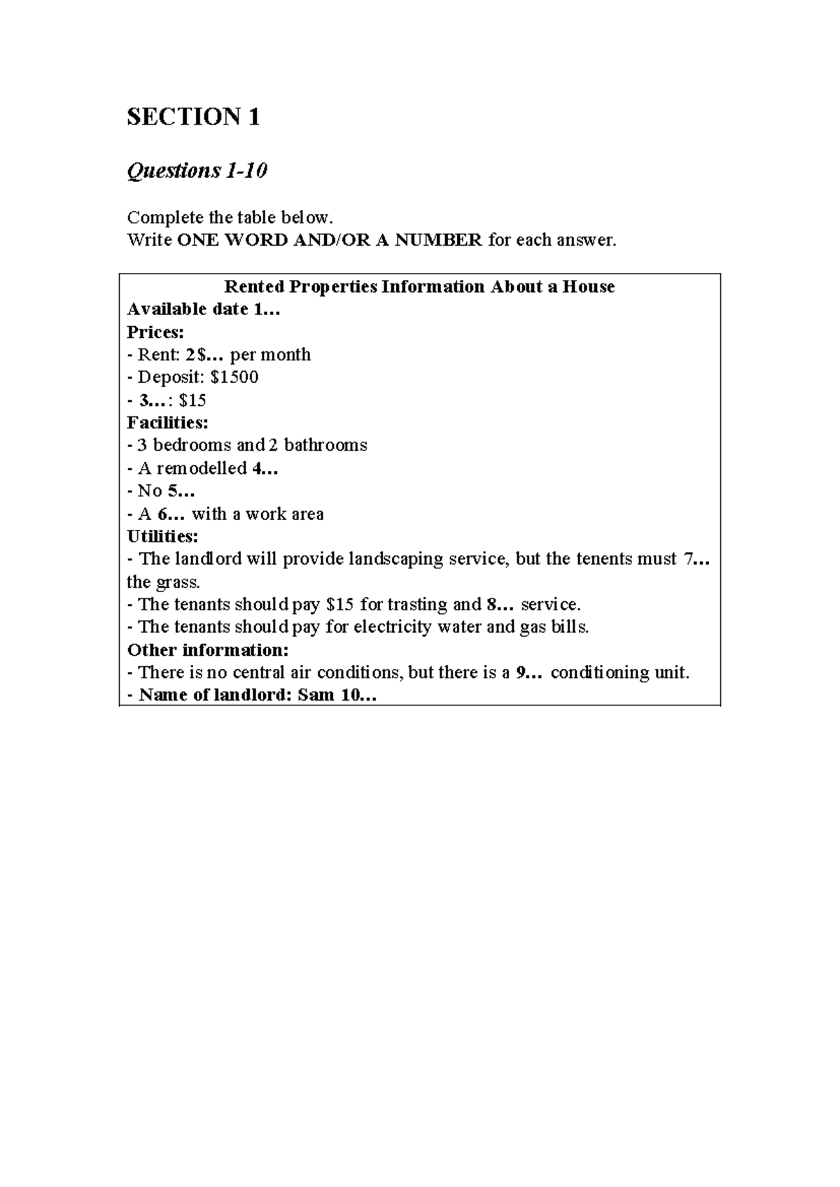 Đề thi IELTS Listening - SECTION 1 to SECTION 4 Questions - Studocu