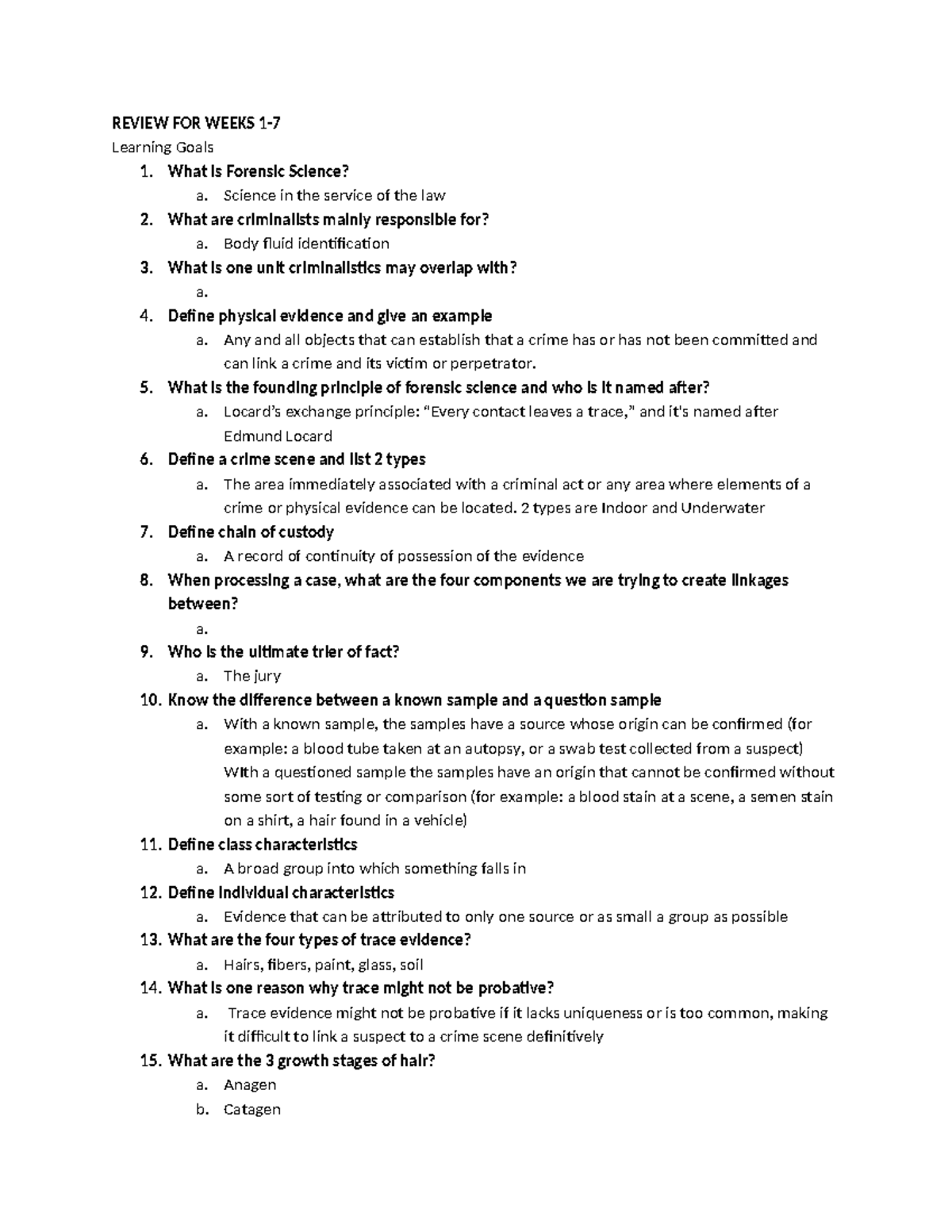 Forensic Science Review: Key Concepts for Weeks 1-7 (FS 101) - Studocu
