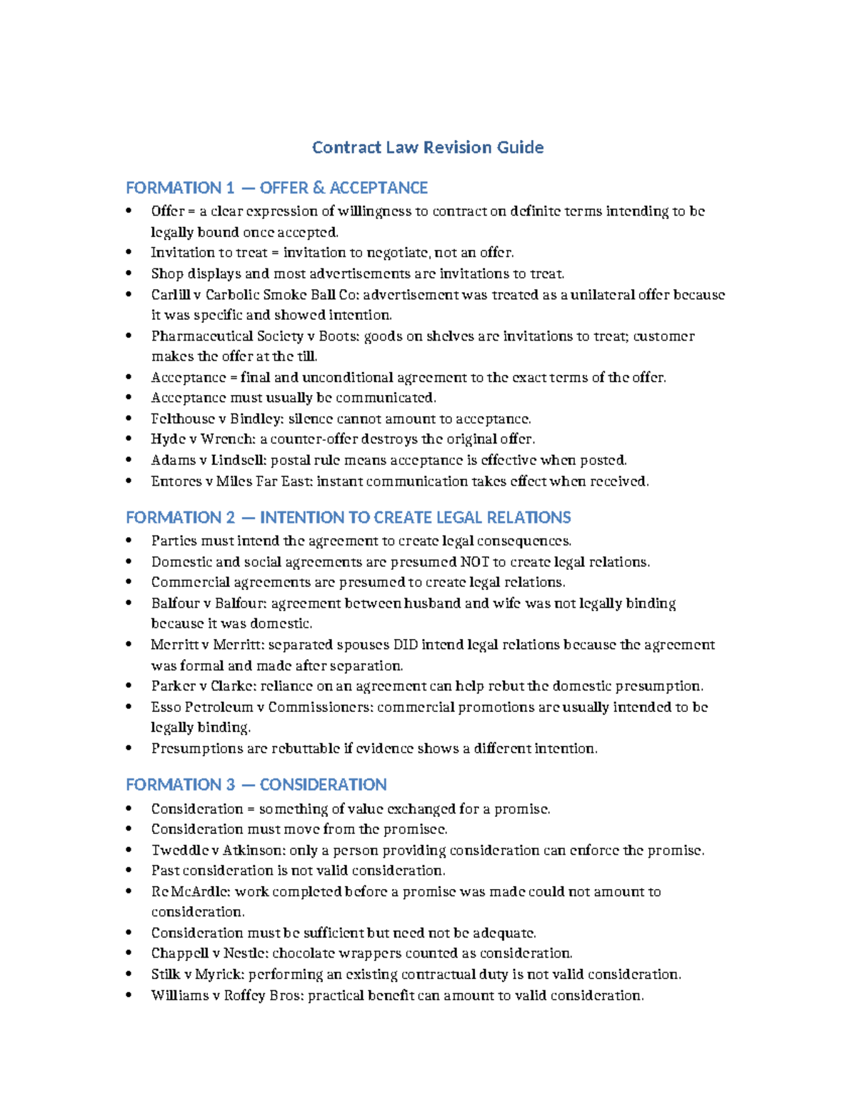 Contract Law Revision Guide: Formation, Terms, and Discharge - Studocu