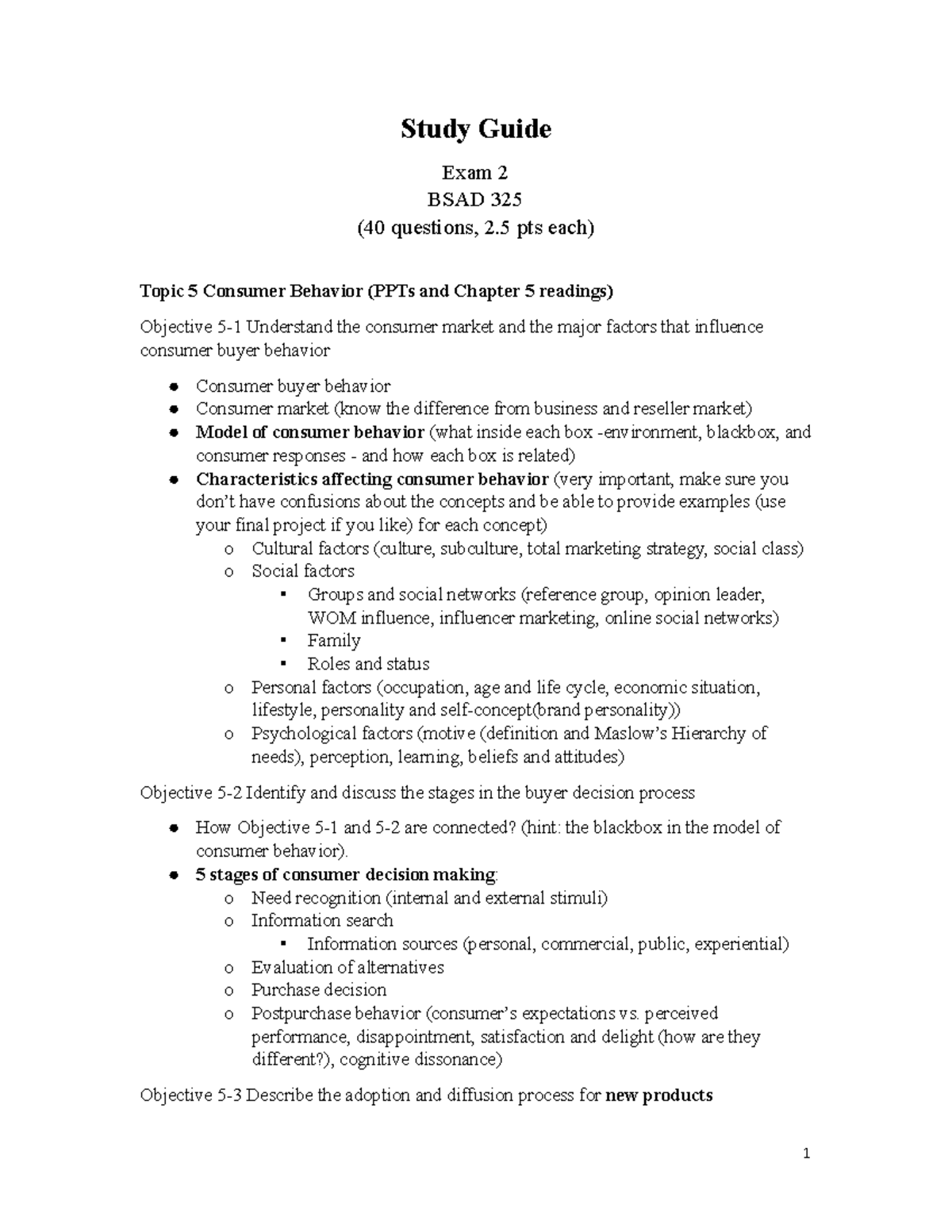 Study Guide for Exam 2: Consumer Behavior & Marketing Strategies (BSAD ...