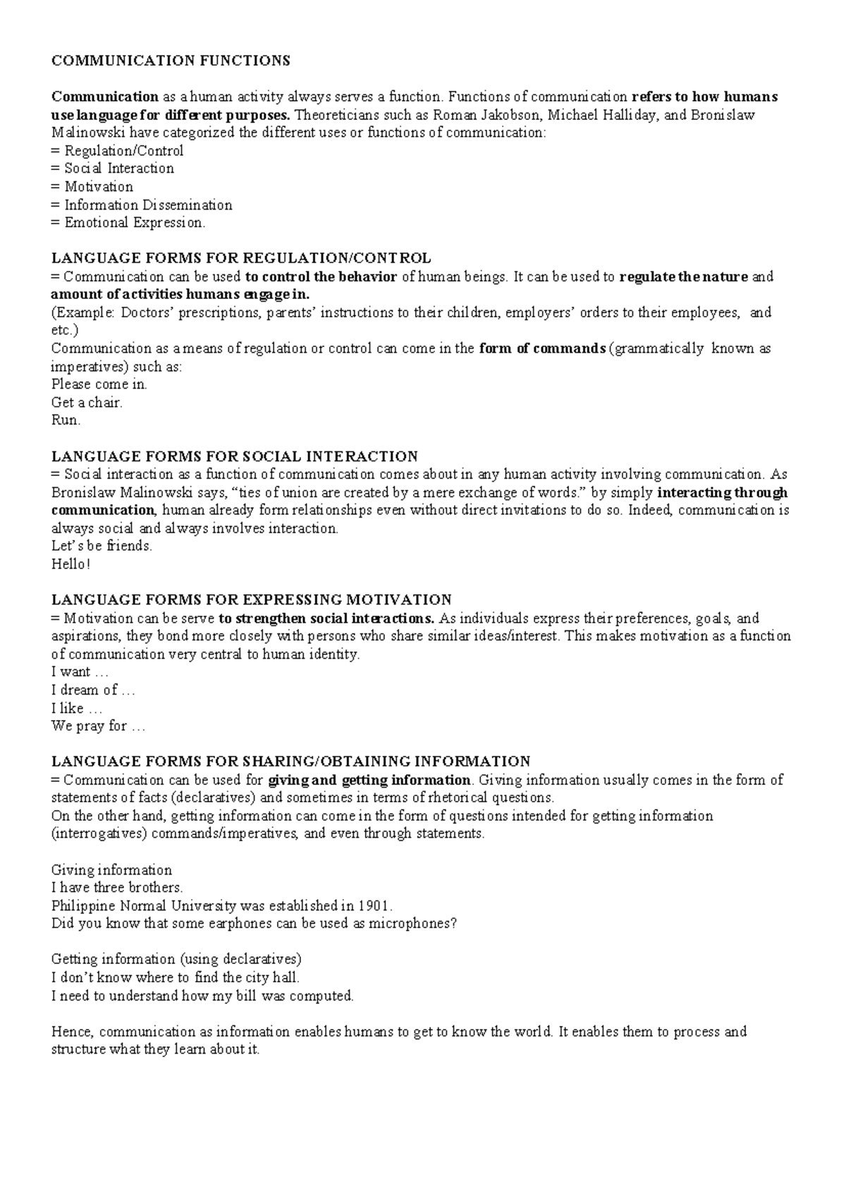 COMM 101: Functions of Communication in Human Interaction - Studocu