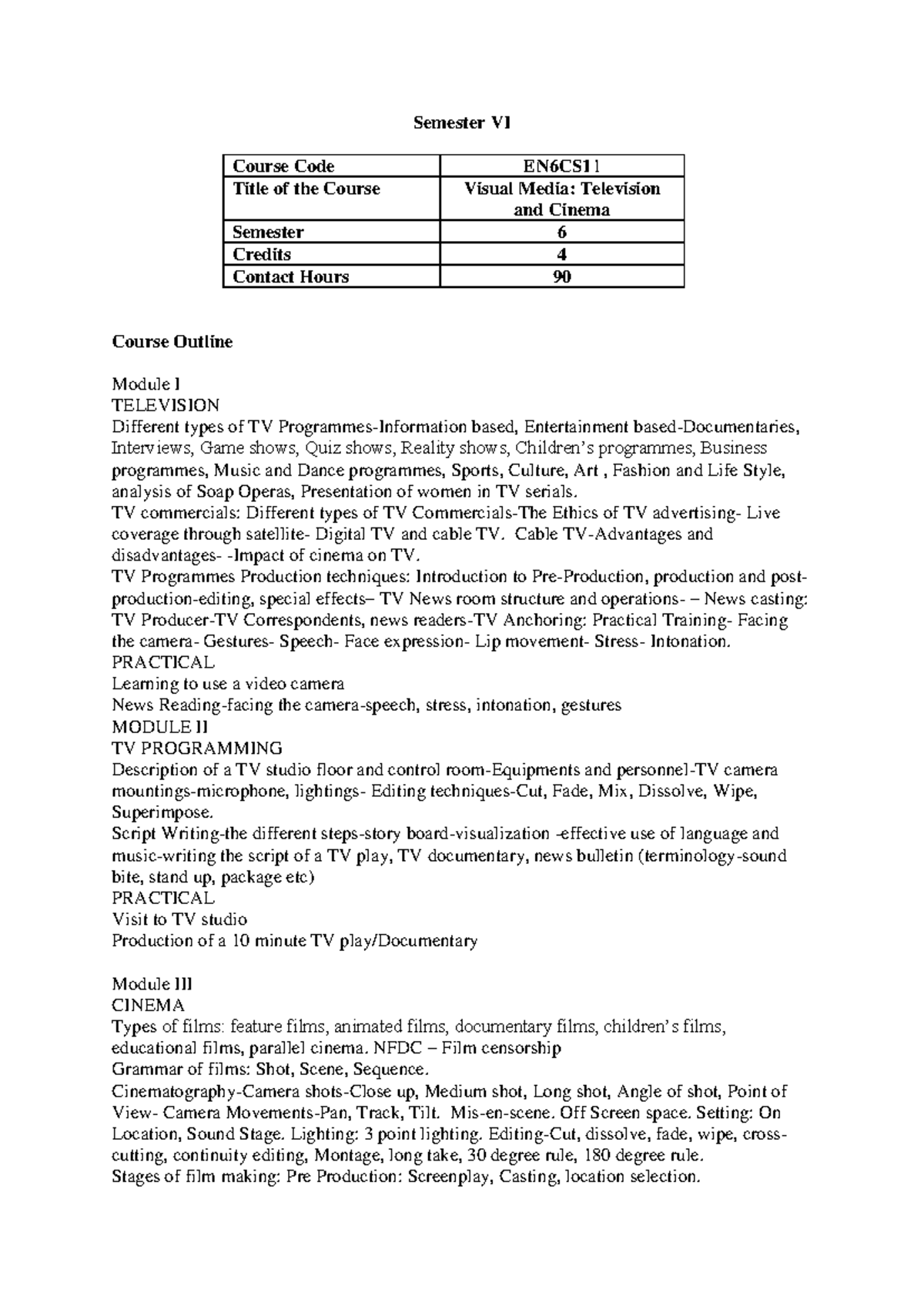 Visual Media: Television & Cinema - Semester VI Notes (EN6CS11) - Studocu