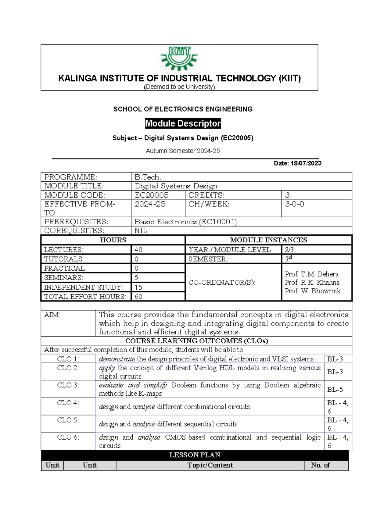 B.Tech Digital Systems Design (DSD) Module Descriptor - Autumn Semester ...