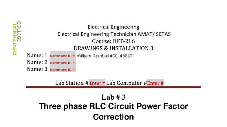 EET-216 Lab #3: Power Factor Correction in RLC Circuits - Studocu