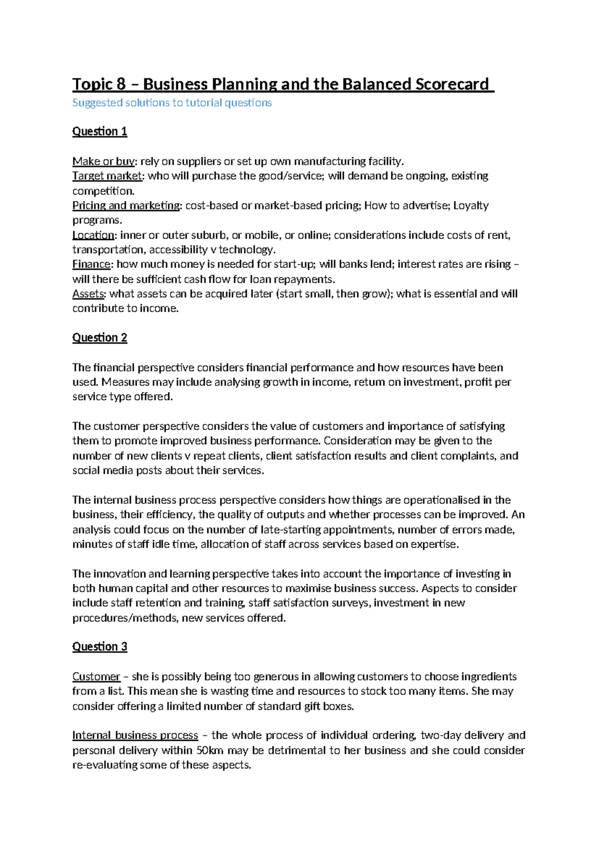 Topic 8 Solutions to Tutorial Exercises - Topic 8 – Business Planning ...