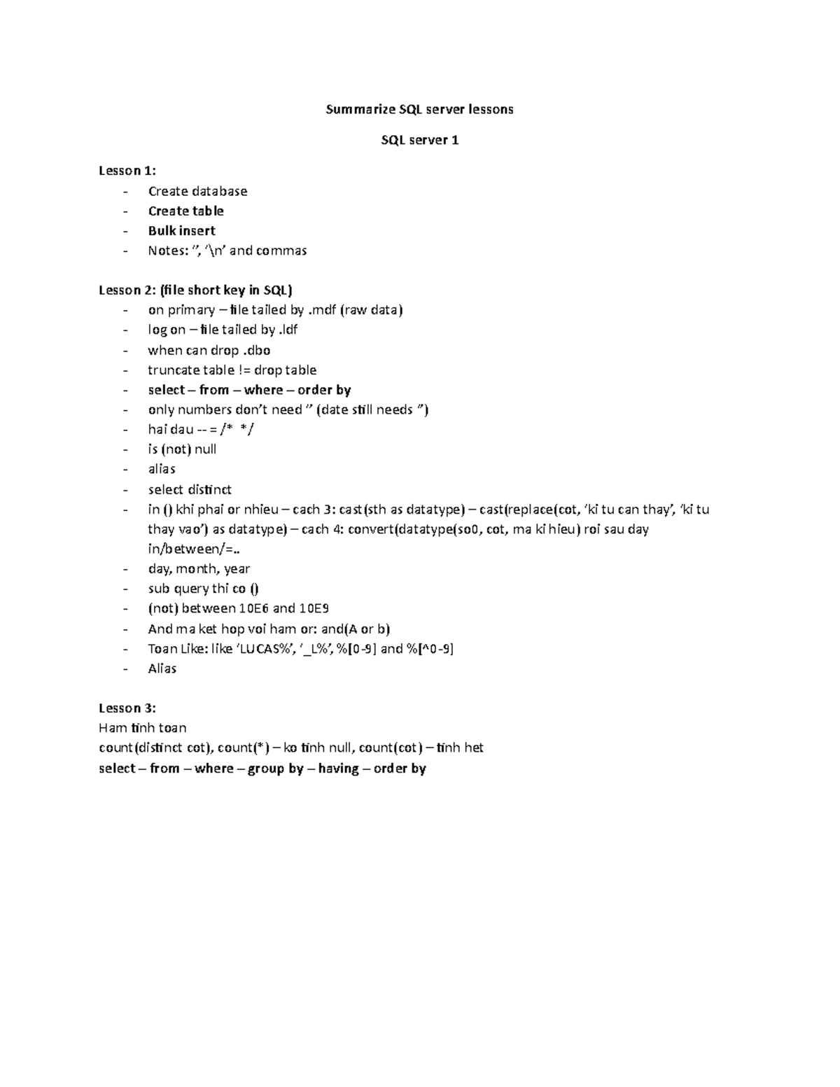 Summarize SQL server lessons 1-2 - Summarize SQL server lessons SQL ...