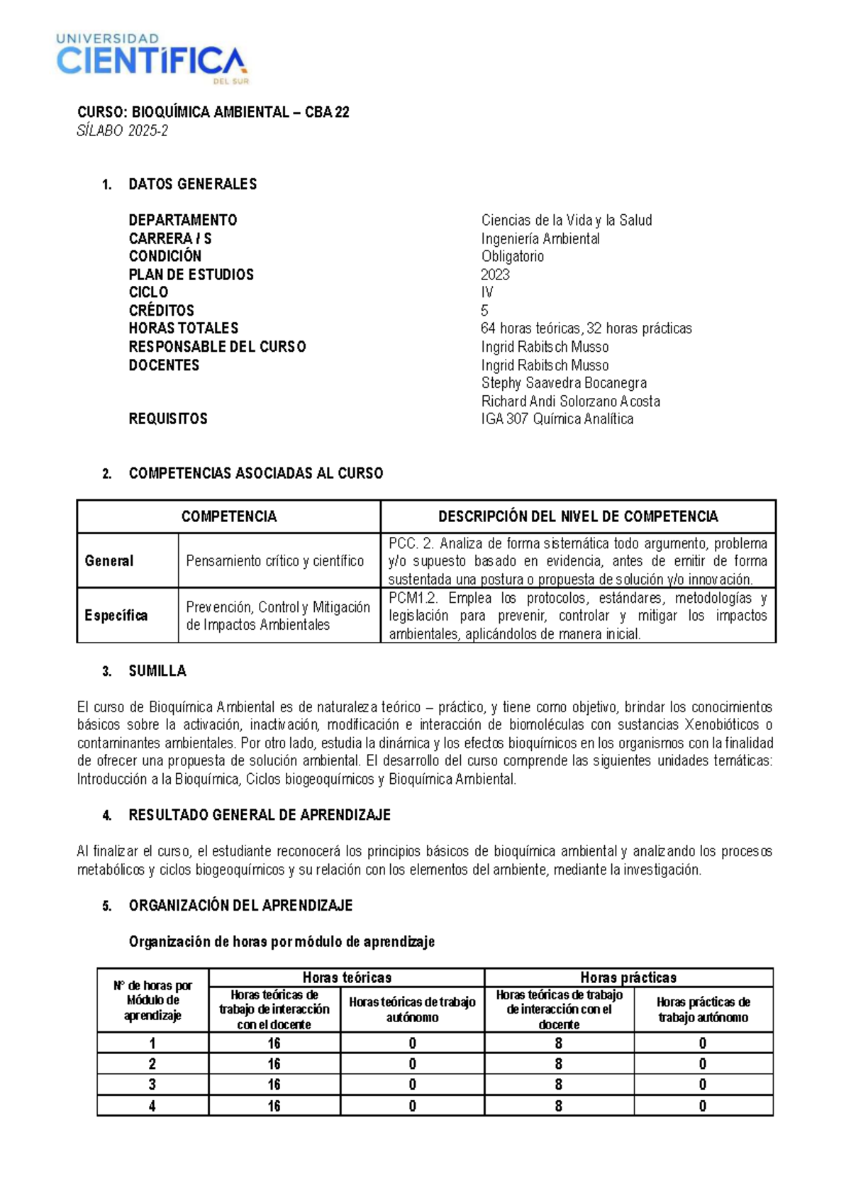 Bioquímica Ambiental CBA 22 - Sílabo y Contenidos 2023 - Document Preview